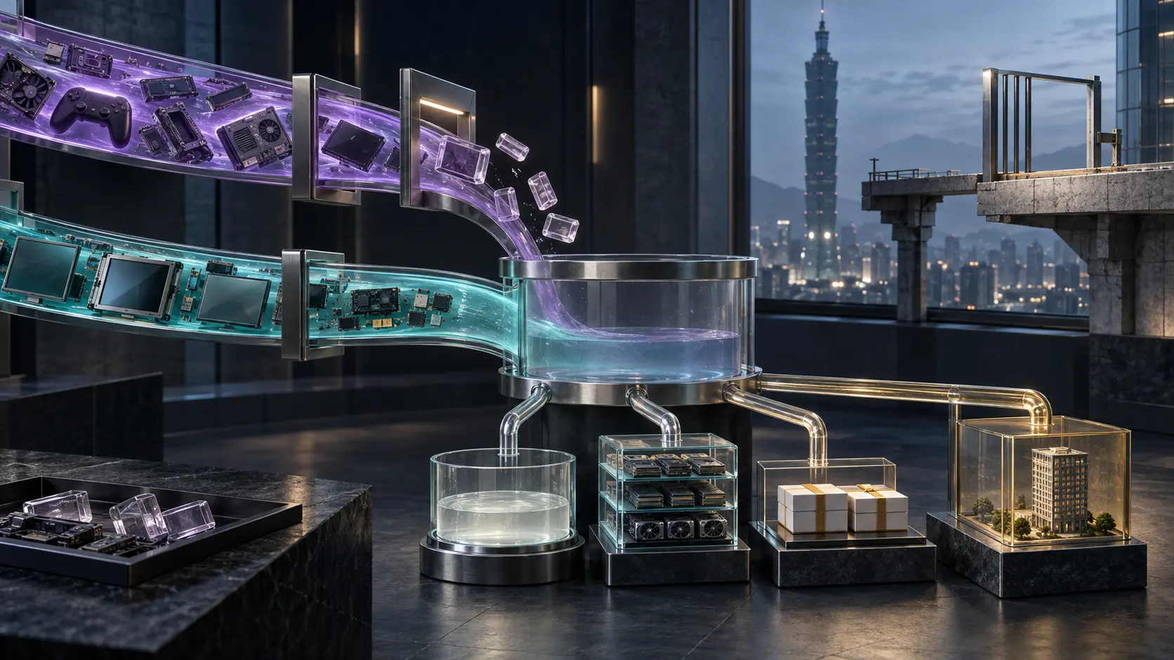 A shrinking violet gaming-component stream and a steady teal display stream enter an underfilled chamber above separate operating-cash, inventory, shareholder-return and Taiwan property-financing paths.