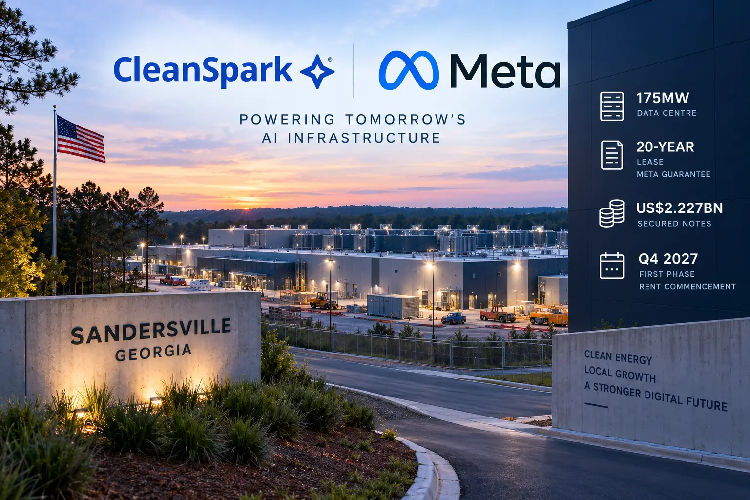 Editorial illustration of a CleanSpark data centre in Sandersville, Georgia, with Meta branding and figures for 175MW capacity and $2.227bn secured notes.