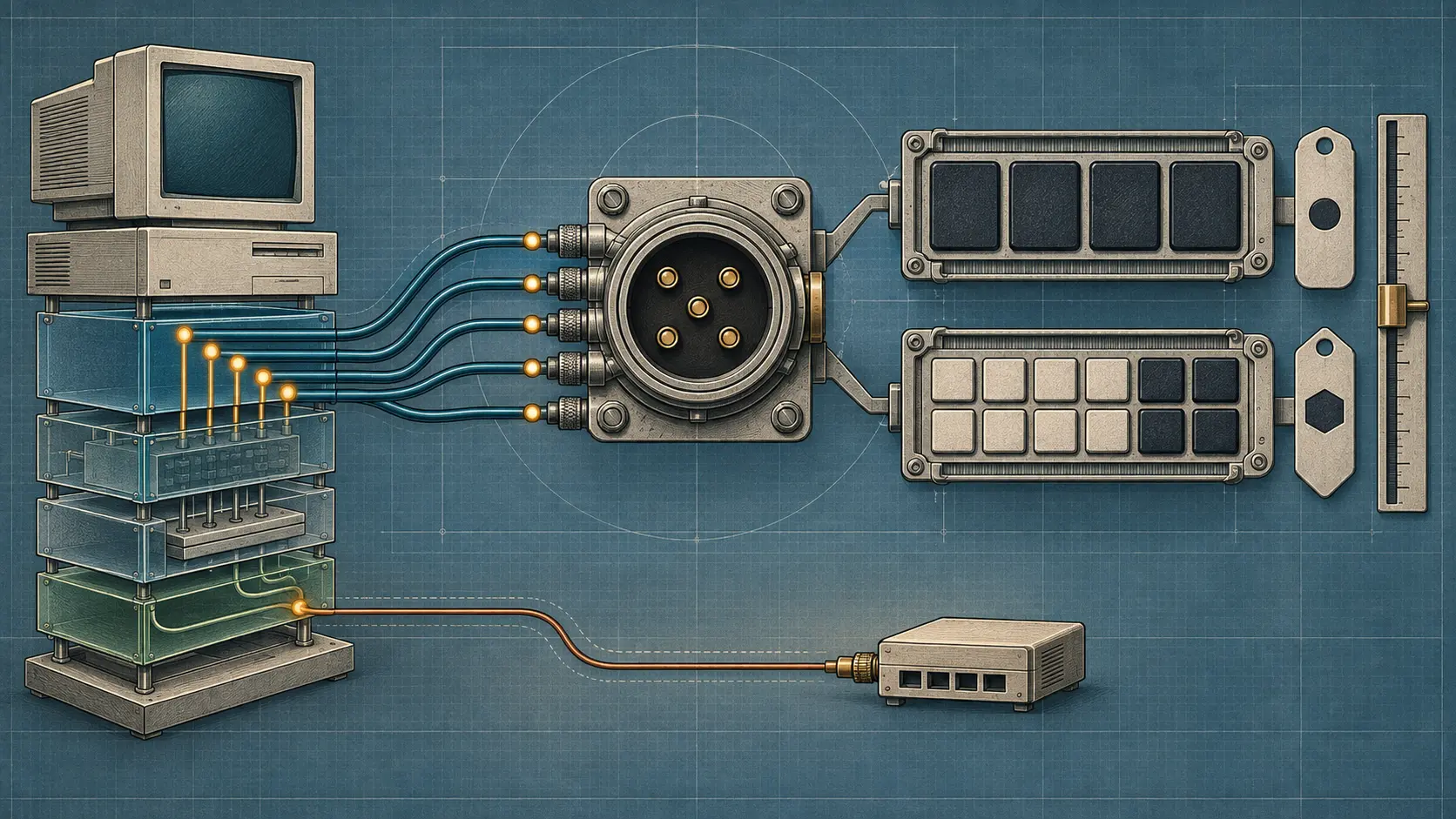 A 1990s workstation feeds an unchanged central connector, which branches into two symbolic address-structure trays and a separate legacy-node path.