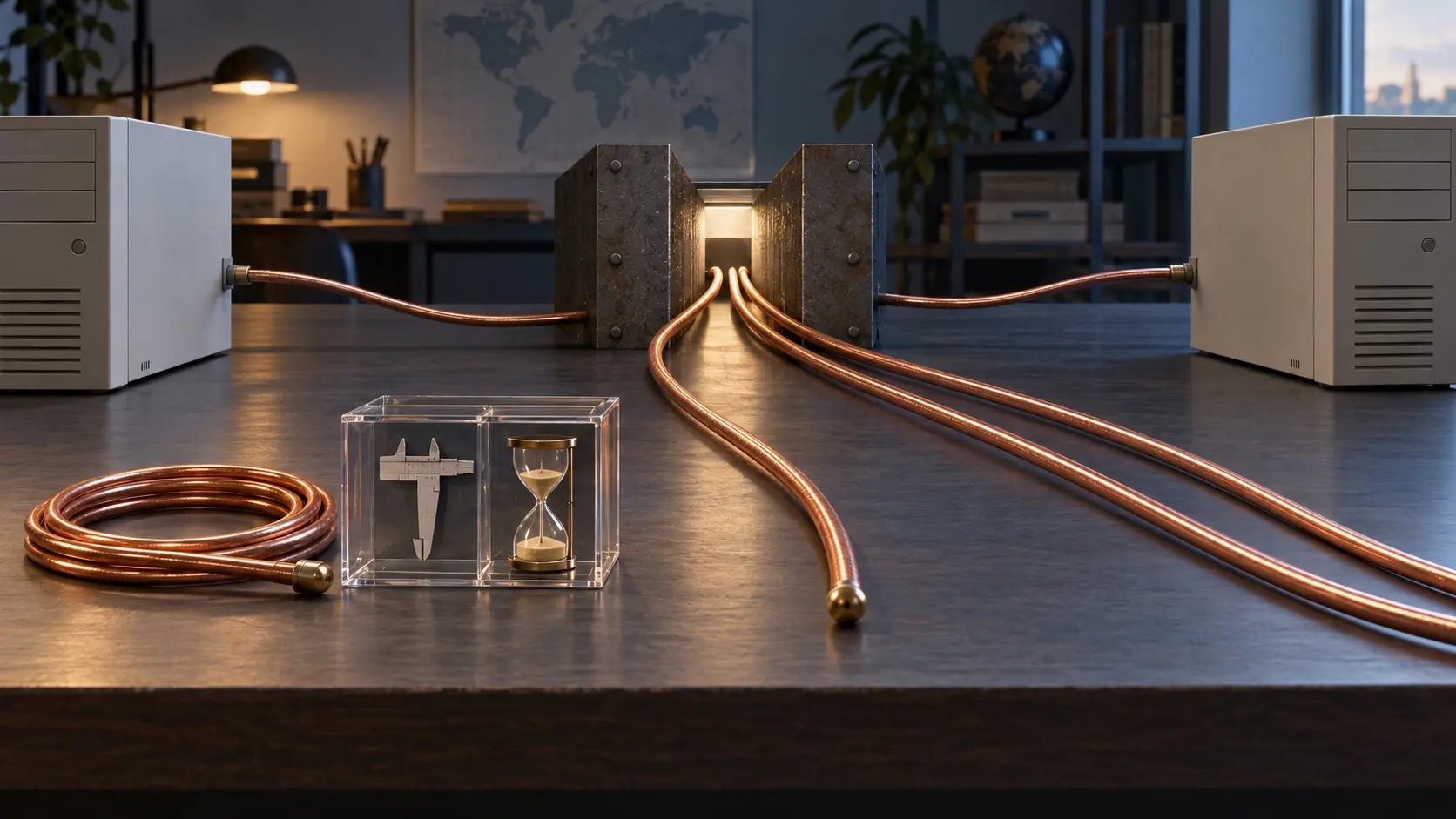 RFC 2140 conceptual illustration: Two period computers, a coiled finished copper line, a clear box with a caliper and hourglass, and several lines at one narrow gate.
