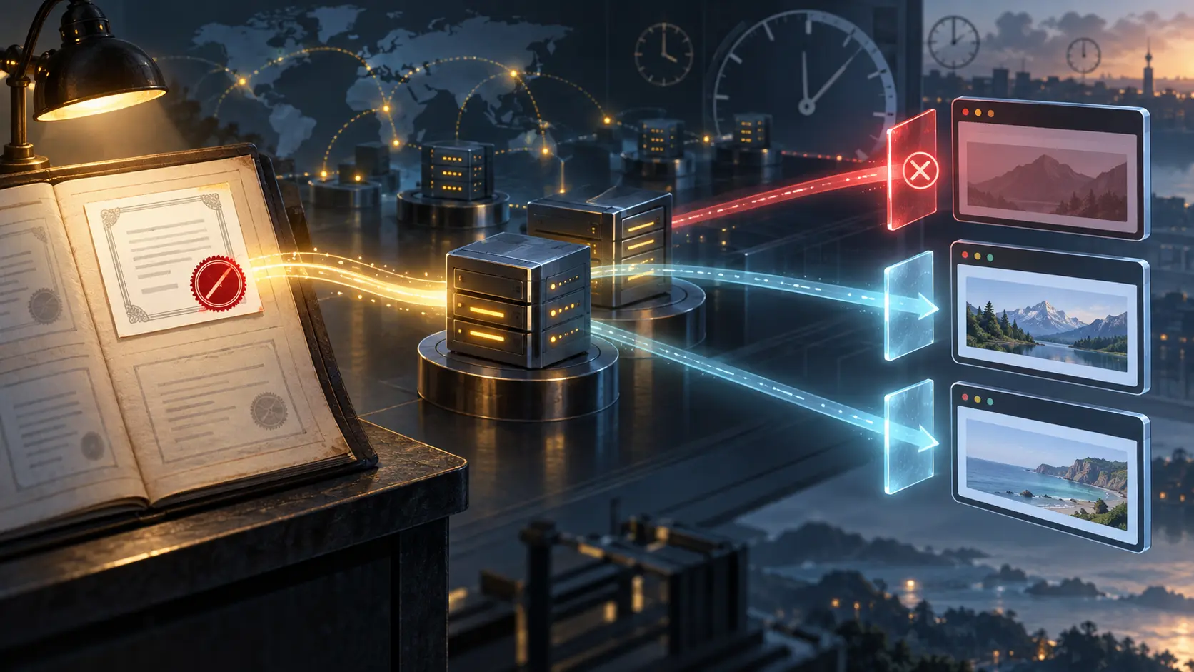 An issuer's revoked certificate record passes through a timed distribution layer to three anonymous browser windows; one stops while two continue.