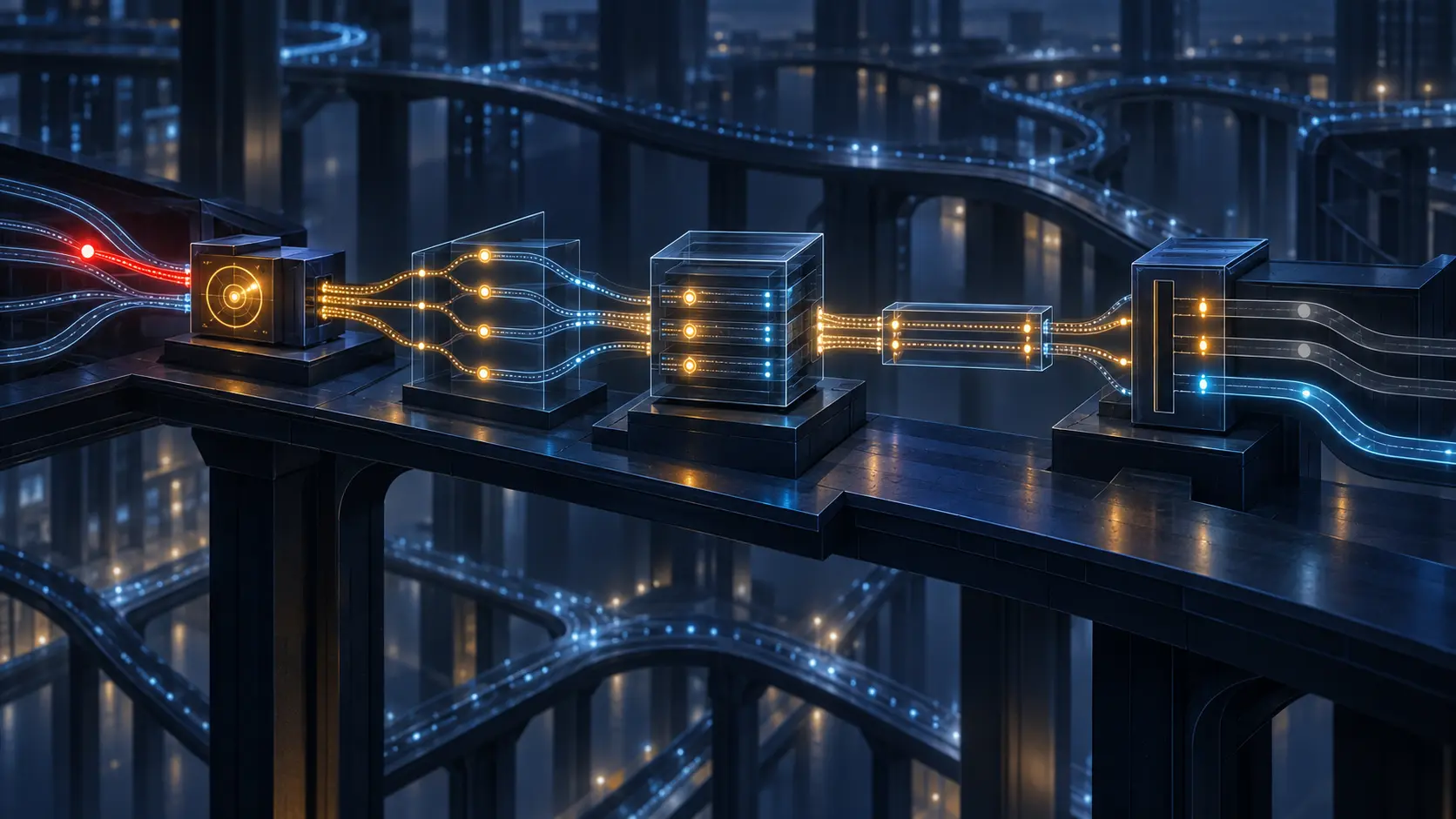 An amber route anomaly passes through separate detector, association, cache and signal stages to a policy gate that keeps an alternative blue path open.