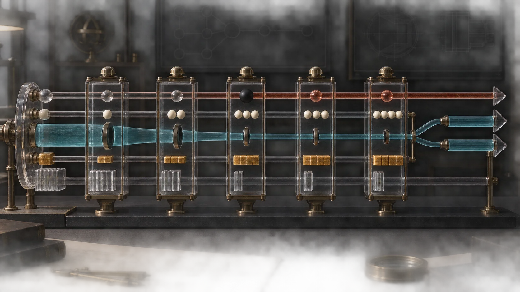 Five network-element stations compose one path on separate rails: a persistent break, growing hop beads, narrowing teal bandwidth, accumulating amber latency, constrained packet-size plates and a black unknown that survives every later station.