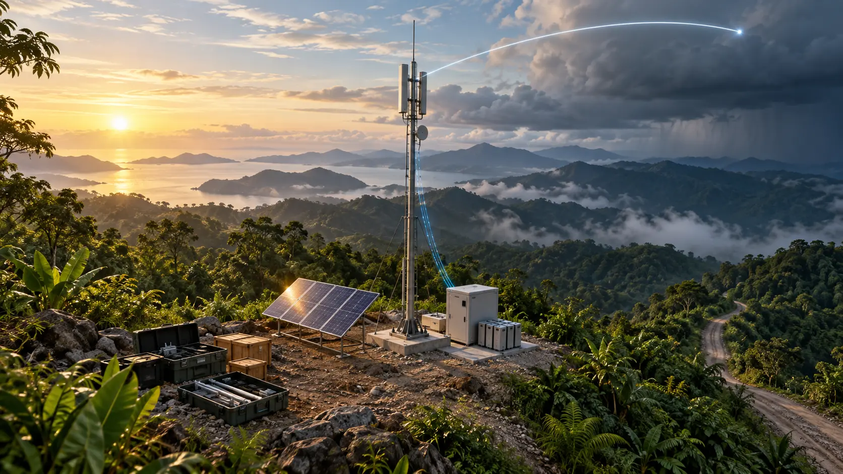 Conceptual lightweight rural mobile mast with solar panels and battery modules between clear morning light and approaching storm clouds, with a satellite path above and a distant maintenance road.