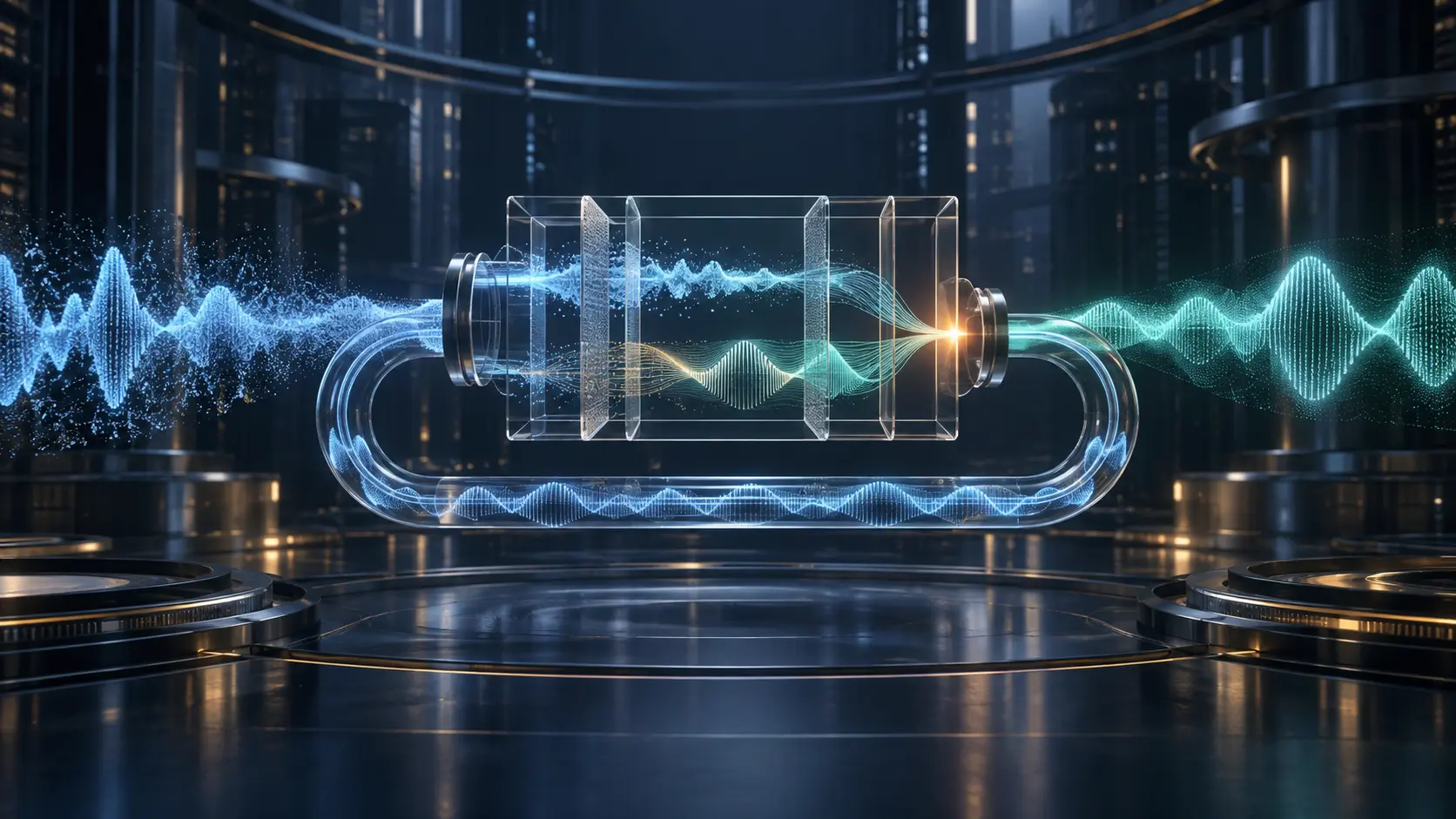 Conceptual voice waveforms passing through a transparent network processing chamber while an unmodified waveform follows a separate bypass path.