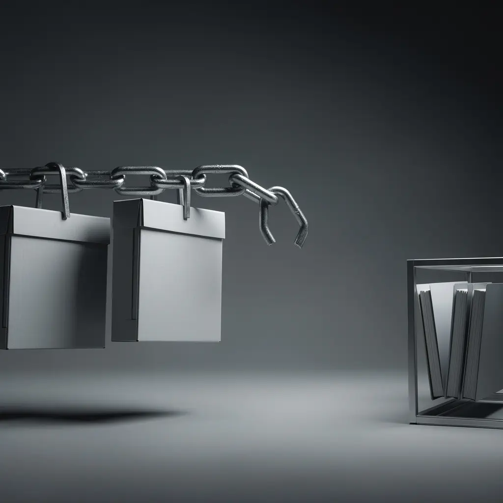 Close-up editorial illustration: a heavy interlocking steel chain under tension carrying plain sealed document boxes ends in an open, broken final link hanging in mid-air, with a wide empty gap before a small free-standing enclosure holding metal sheets that nothing connects to.