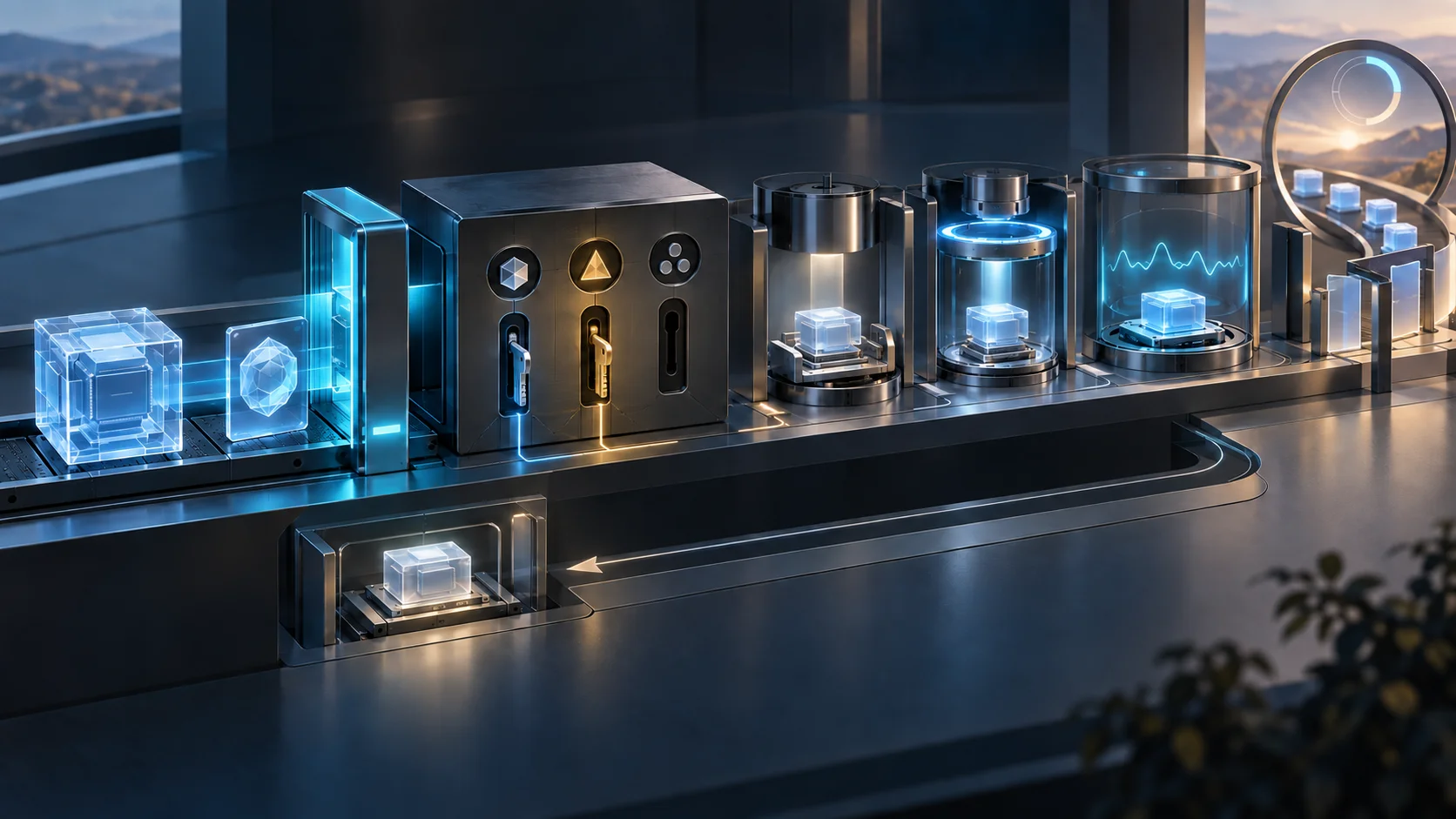 AI editorial illustration of a firmware package passing through separate authenticity and role-permission gates before distinct installation, activation, observation and recovery stations.