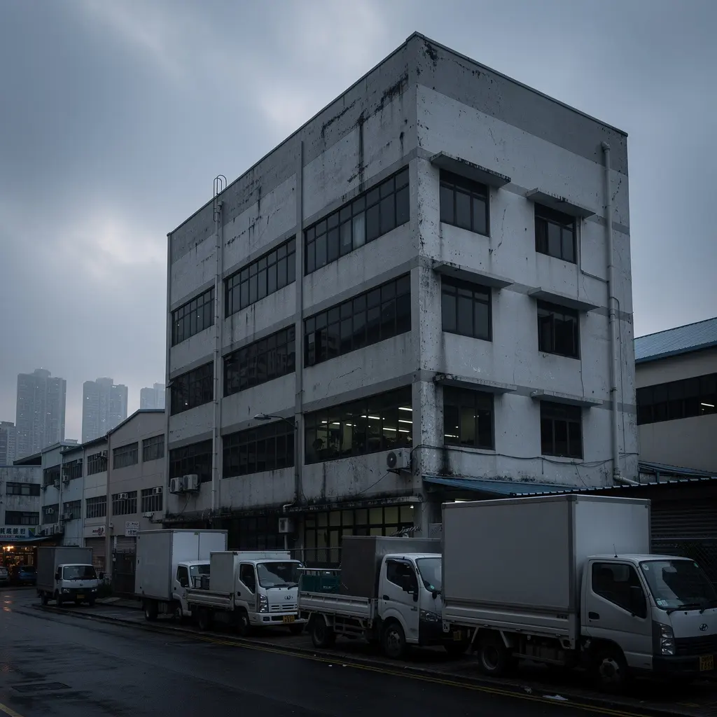 Documentary photograph of a mid-rise commercial building in a Hong Kong industrial district with a plain concrete-and-glass facade, a narrow street with a few parked vans, and distant high-rise silhouettes under an overcast sky.