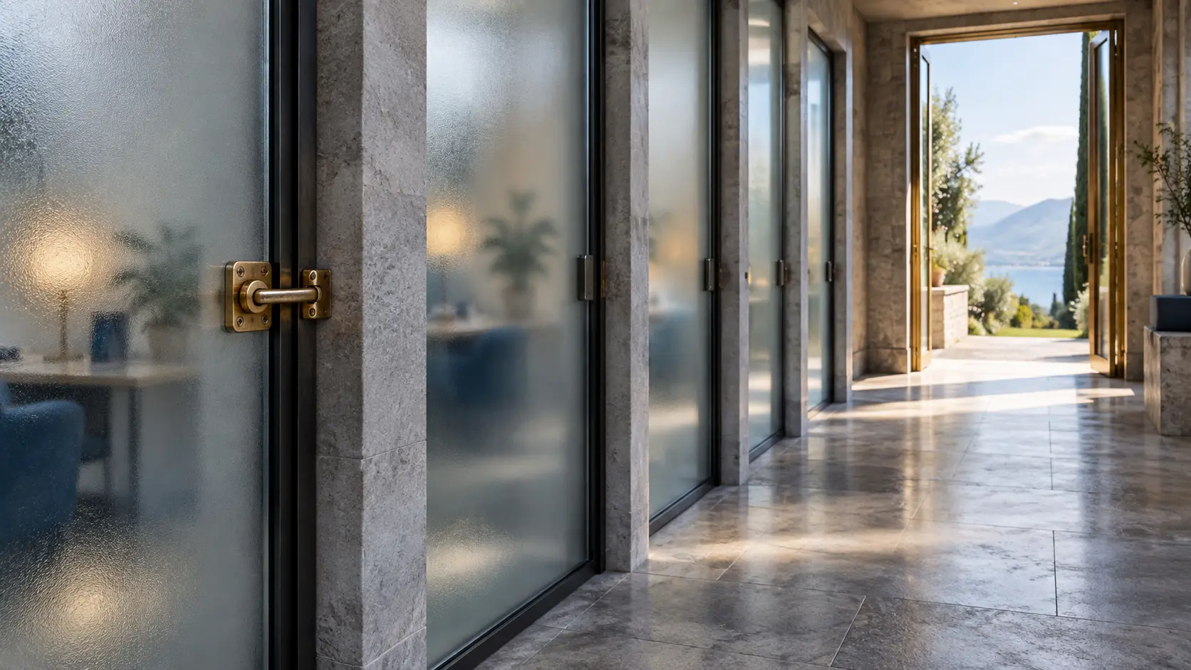 One glass service-room door has a small brass latch; neighboring rooms and the daylight exit remain open.