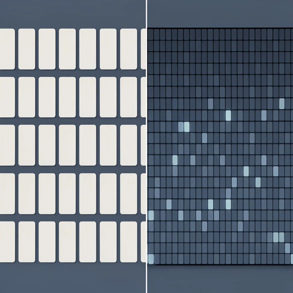 One split scene: an orderly grid of blank registry index cards on the left, a dense panel of glowing route-monitor tiles on the right, separated only by empty space.