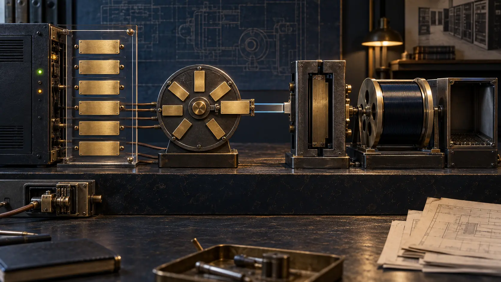 A brass feature inventory feeds a selector dial, while a separate execution gate blocks a dormant data reel.
