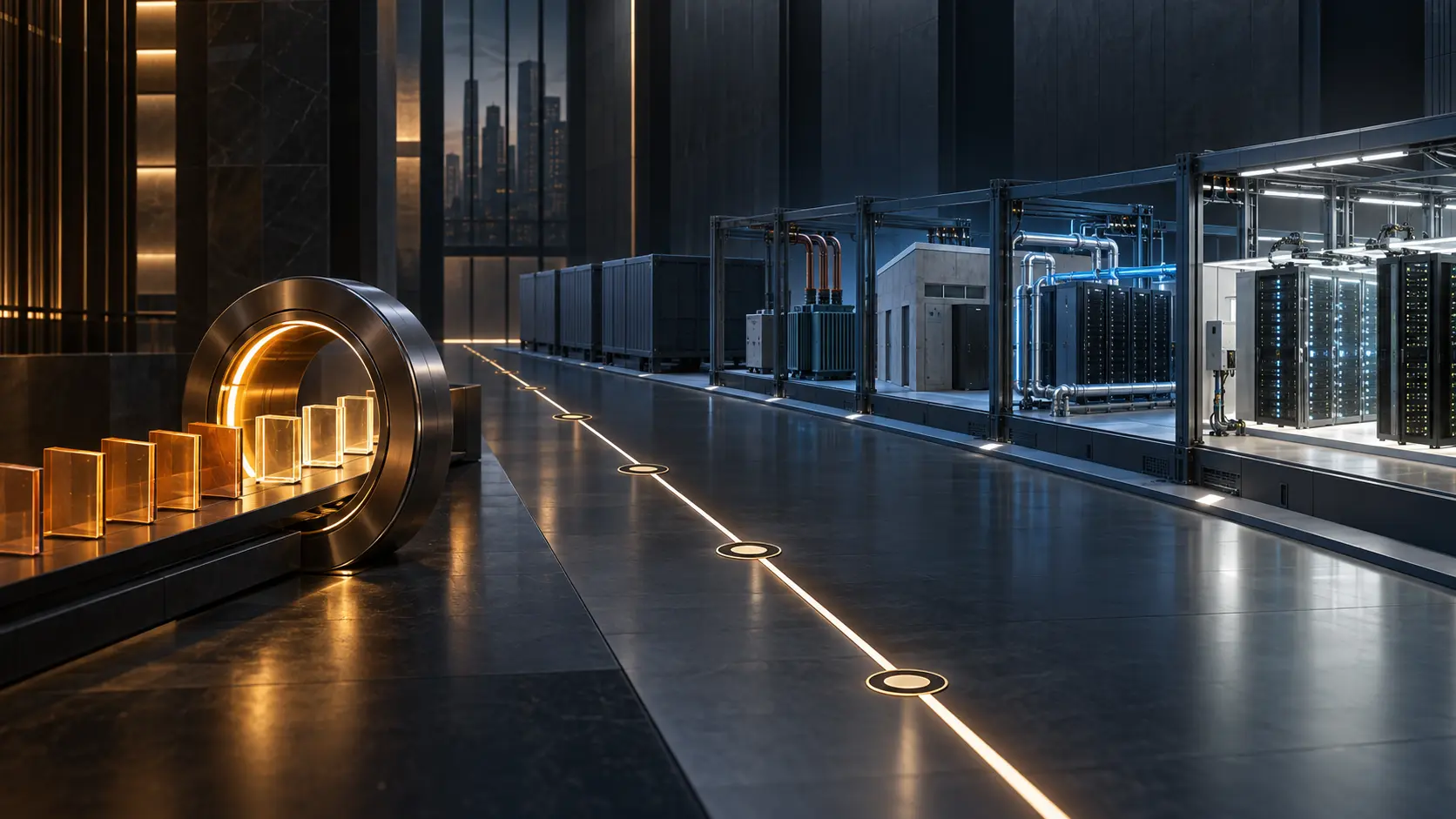 Conceptual editorial image of amber financing tiles crossing one conversion ring beside a longer corridor of power, cooling and operating server stages.