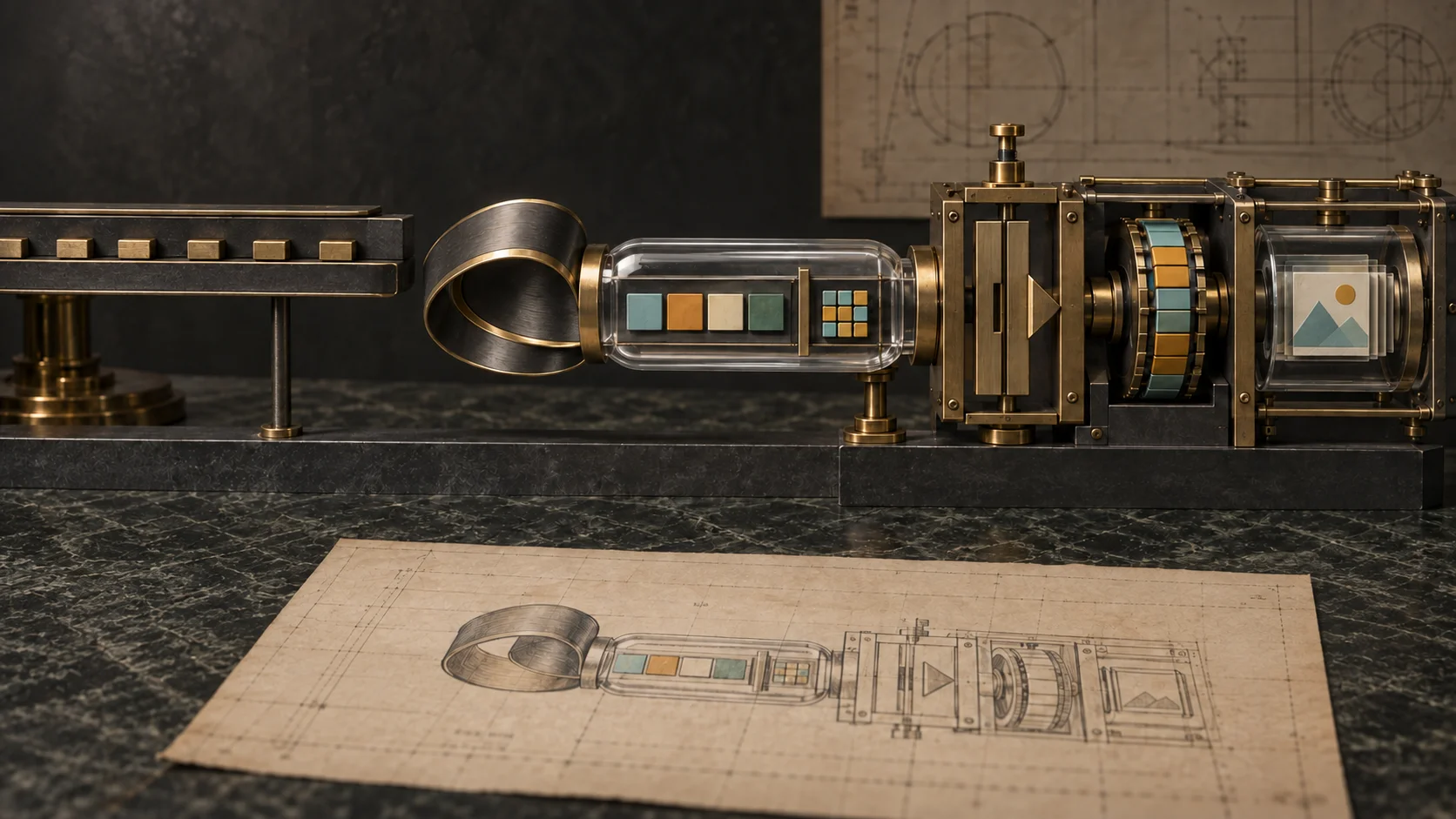A folded brass address ribbon becomes a glass capsule carrying a small payload into a local parsing and decoding instrument.