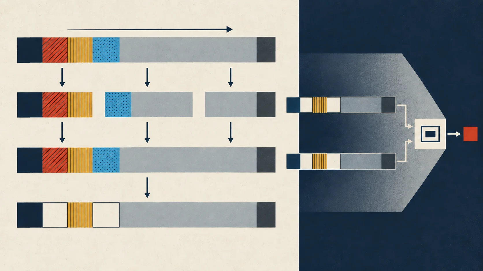 A structured packet ribbon splits into fragments, reassembles, and becomes a matching calculation view whose mutable field positions are blank before two views align at an abstract comparison aperture.