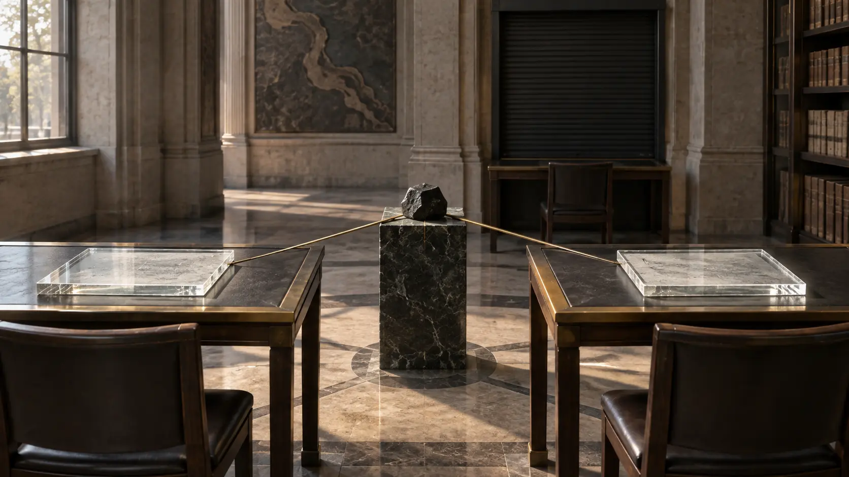 Two matching blank glass evidence plates connect to one fixed stone checkpoint; a separate reading station is closed behind a shutter.
