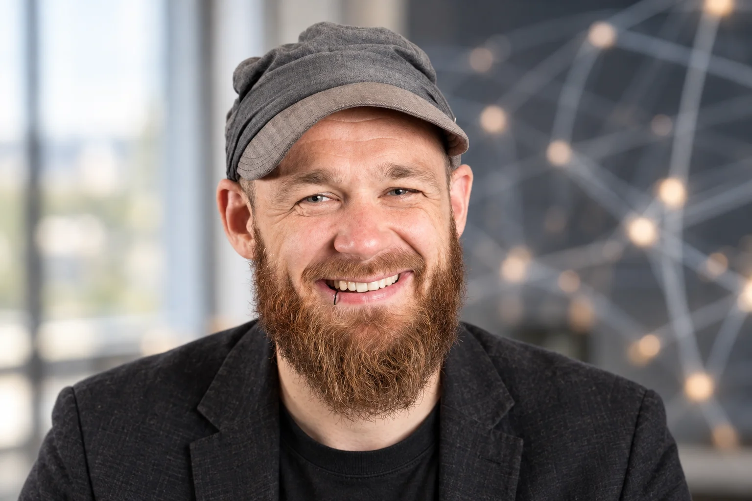 Niels ten Oever in an AI editorial portrait against a softly abstract communications-network background.