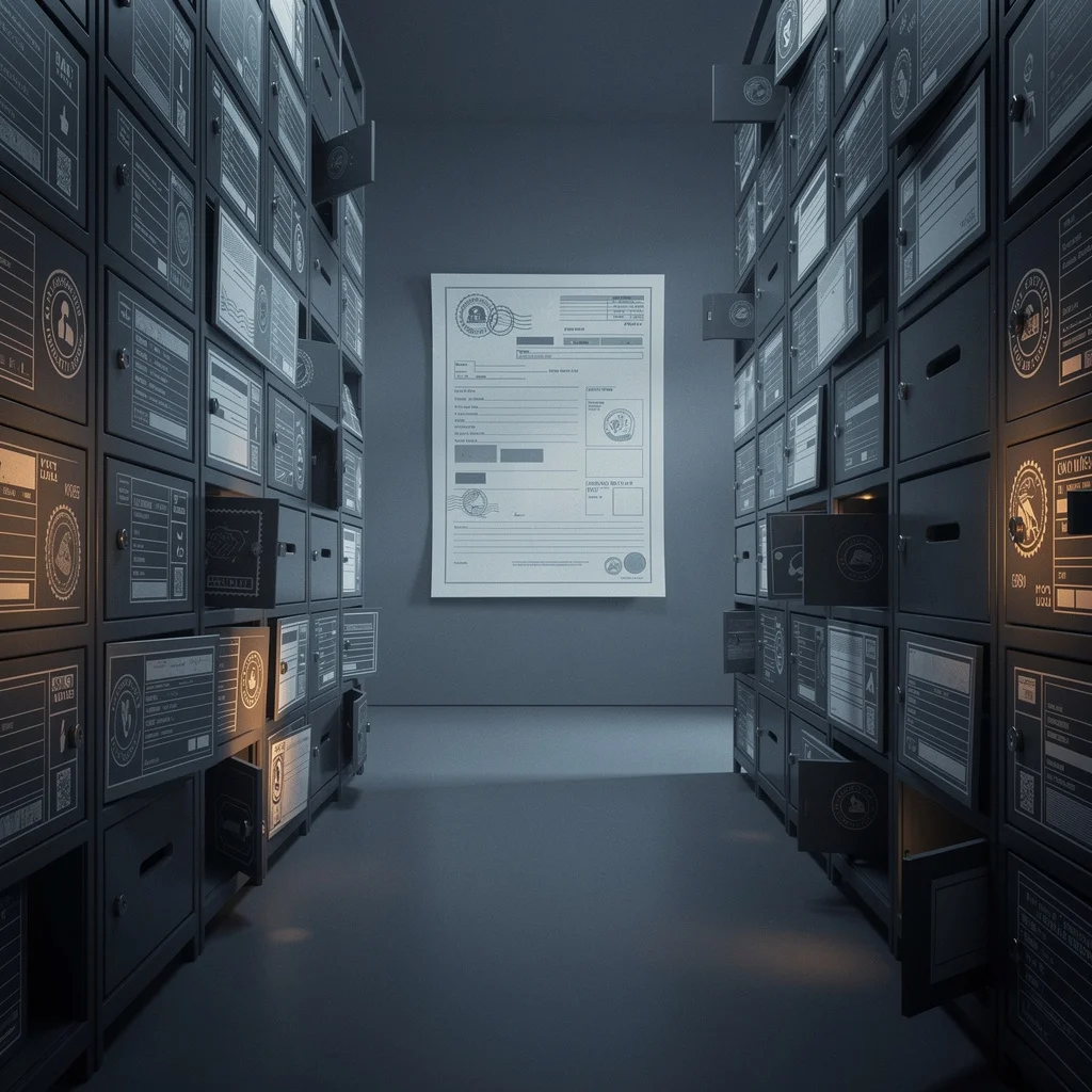 Abstract dark registry scene with rows of network record cards and sealed mailbox shapes, one row displaced and dimmed, before an out-of-focus stamped official document.