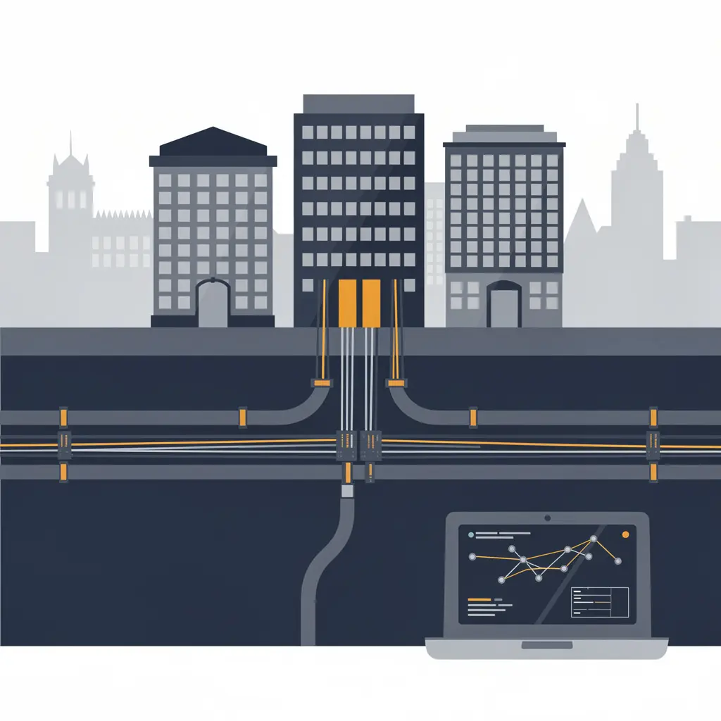 Stylized cross-section of London enterprise fibre infrastructure with a routing console and three joined building blocks