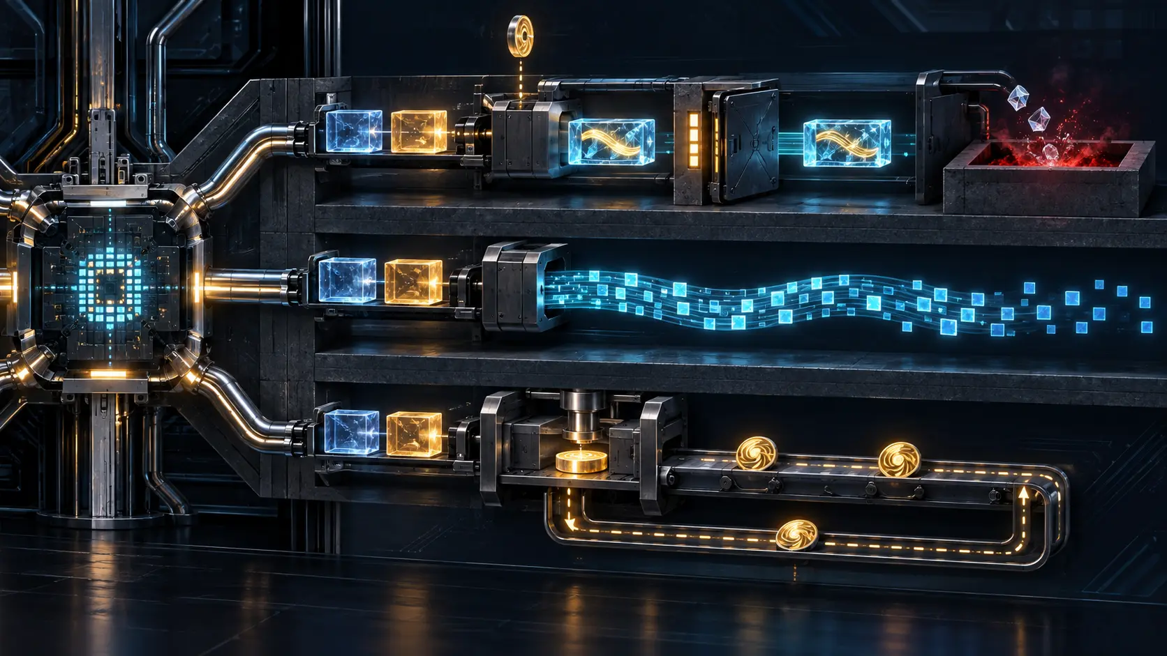 One abstract cryptographic engine feeds three isolated lanes: an authenticated gate with a failure basin, an unsealed cyan keystream, and a MAC stamping loop whose token reuse remains confined to that lane.