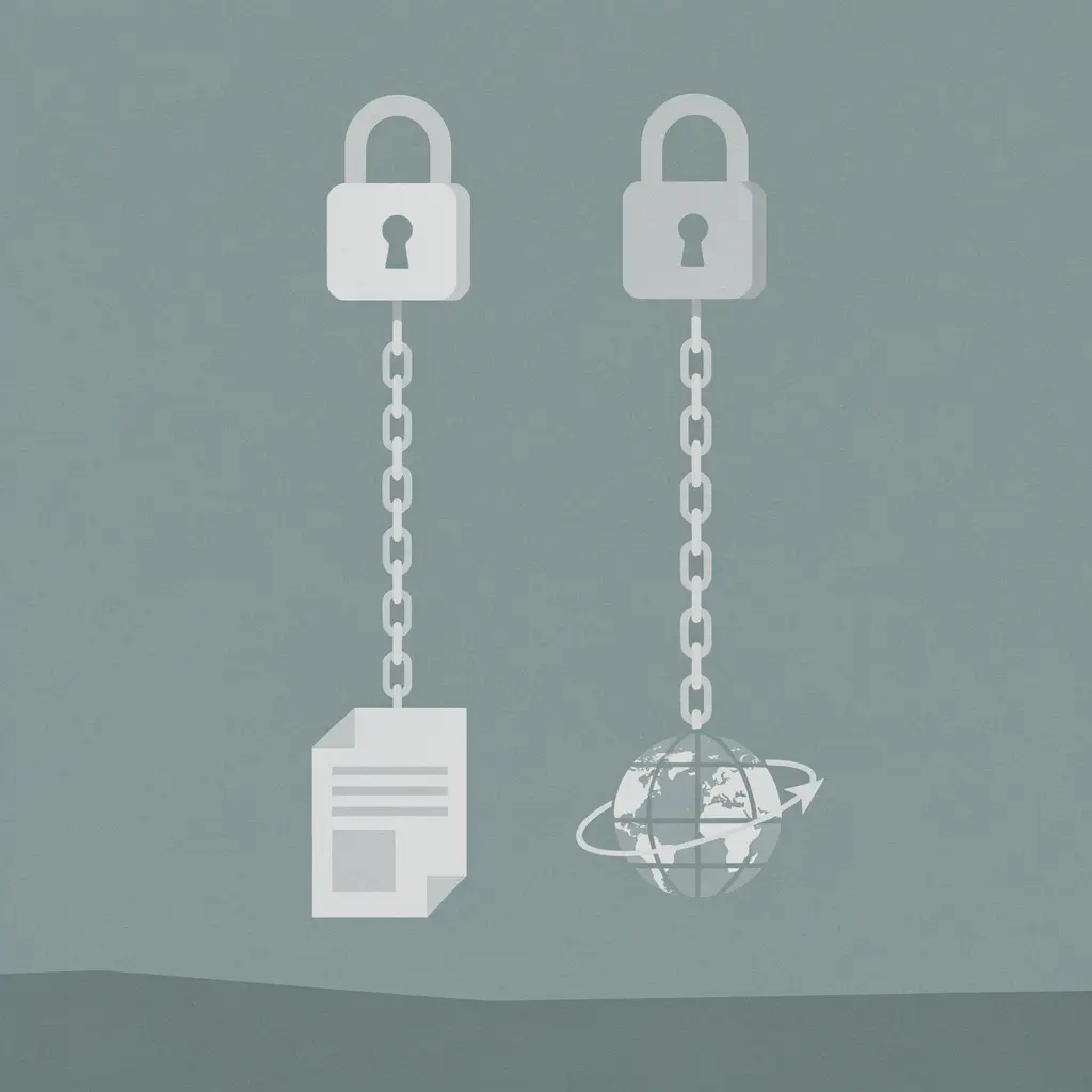 Minimal vector illustration of two separate padlock icons, each connected by its own descending chain: one to a document icon, the other to a globe-with-arrow route icon, over a muted teal and slate background with a faint steppe horizon.