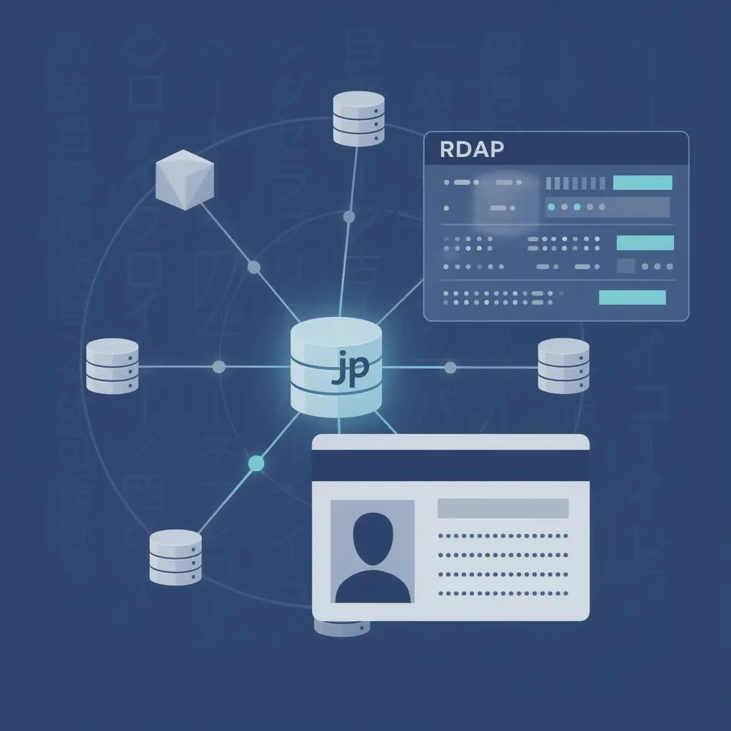 Stylized network diagram linking a .jp domain registry database to an RDAP query interface, with a registrar identity card revealed among the response fields