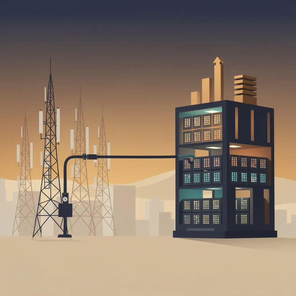 Stylized dusk skyline contrasting an outlined lattice telecom tower on one side with a solid luminous data-center building on the other, joined by a single cable