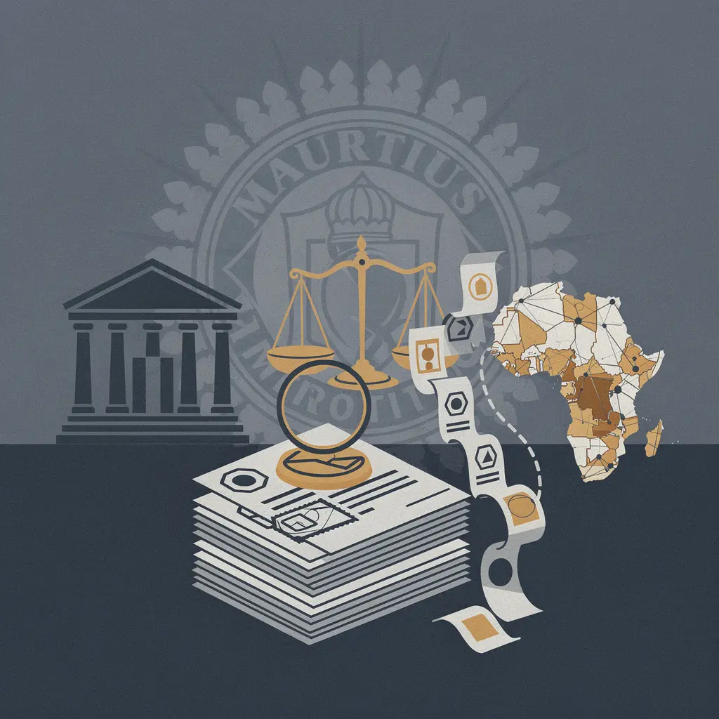 Illustration of scales of justice resting on numbered internet resource allocation documents, with a court seal and an abstract chain of legal instruments connecting a courthouse to an African network map