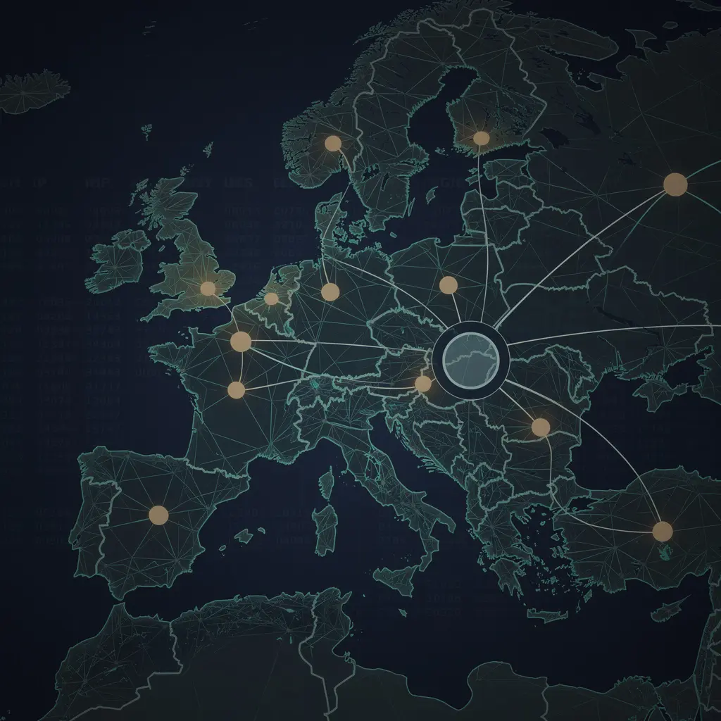 Abstract network topology map of European routing infrastructure with one hollow, dimmed AS node among glowing peer connections, representing the registered but unrouted AS210860