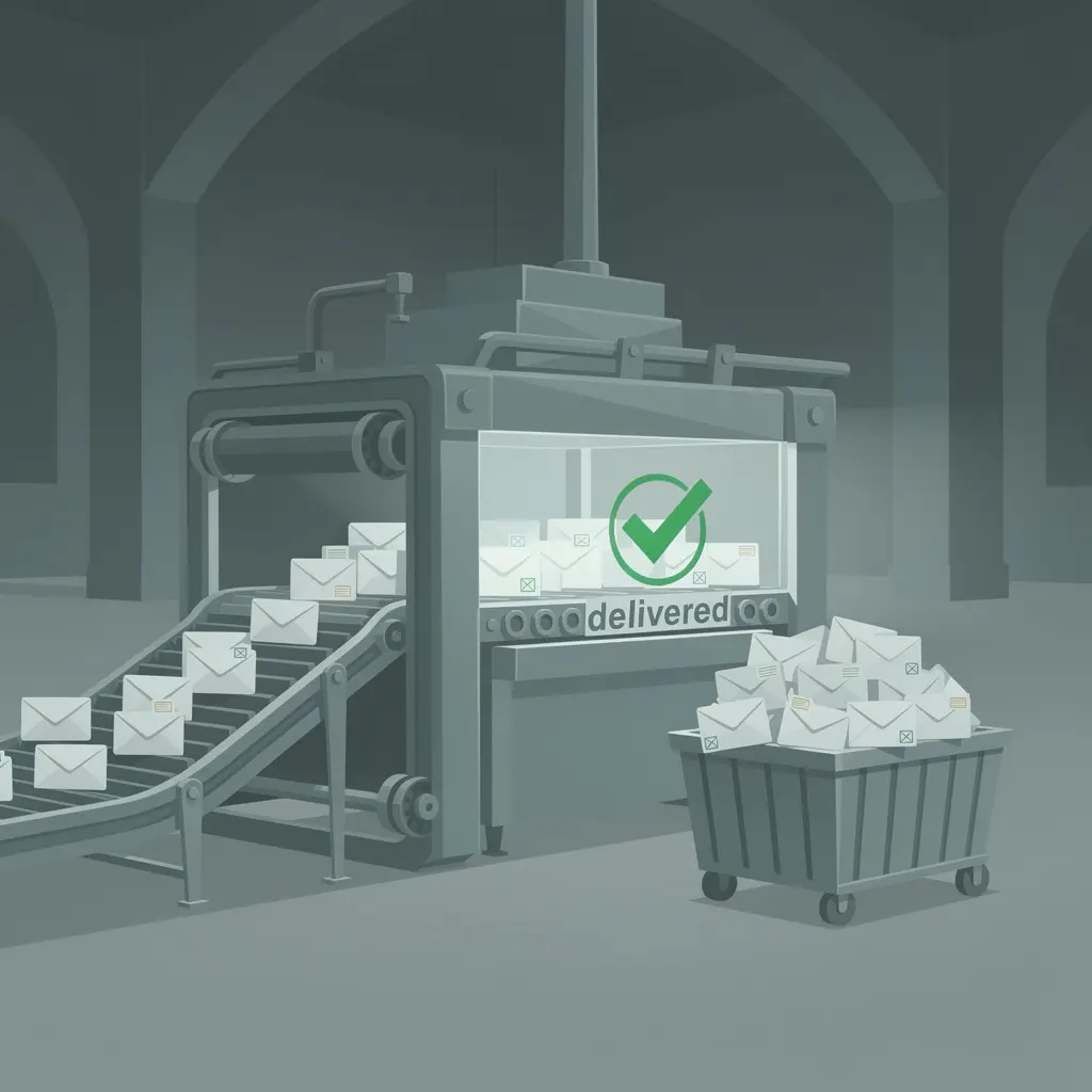A mail-sorting conveyor stamps incoming envelopes with a delivery check while they pile up unprocessed in an overflowing exit bin