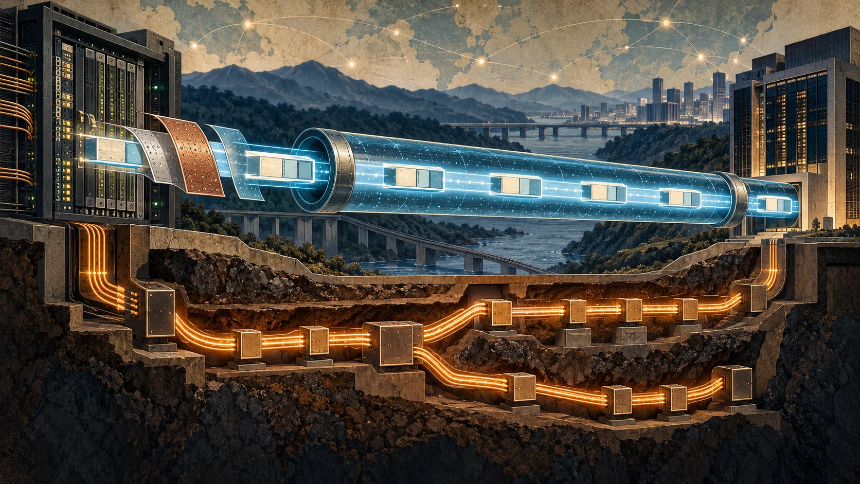 A luminous packet tunnel spans two network sites while a separate provisioned circuit runs through the ground below and branches into alternate paths.