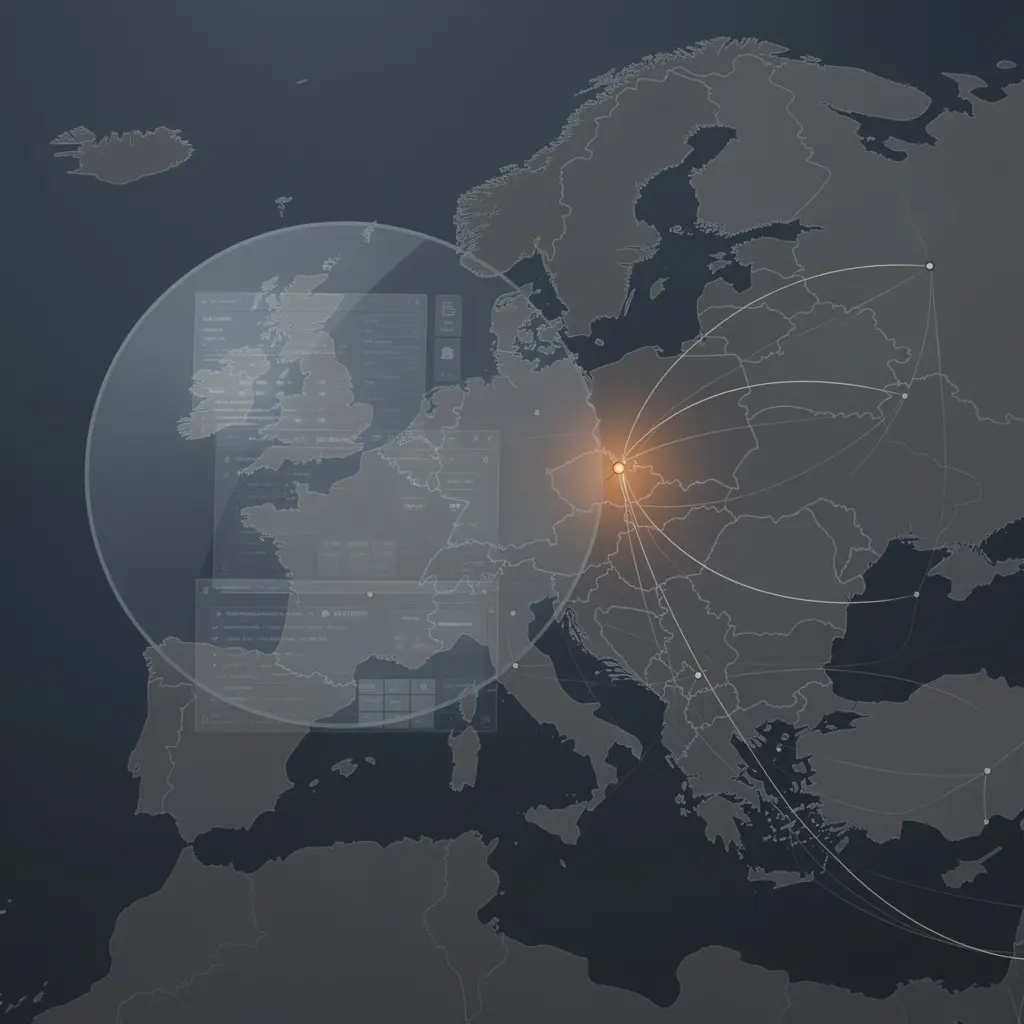 Editorial illustration: a dark map of European networks with one dimmed node representing AS210860's routing silence since late March 2026 and a translucent magnifying layer suggesting mirror-only registry records.