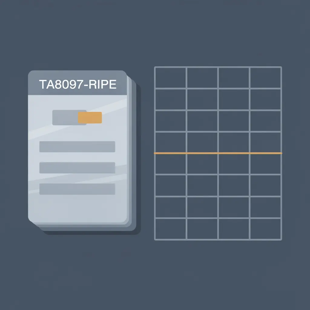 Abstract editorial illustration: a frozen registry record card labeled TA8097-RIPE beside a routing table grid with an empty row