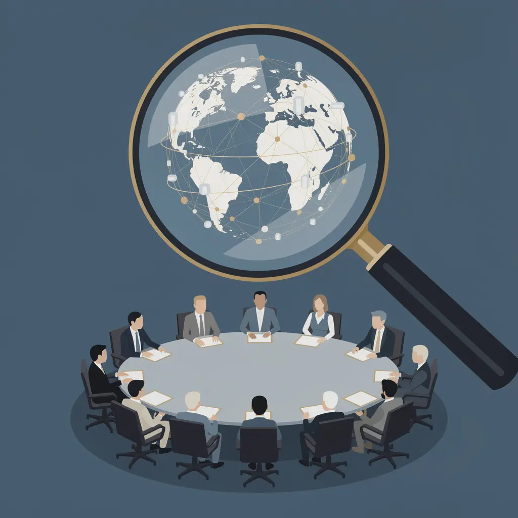Stylized editorial illustration of an institutional review of the Internet Society: a meeting table under a magnifying lens above a globe of network nodes.