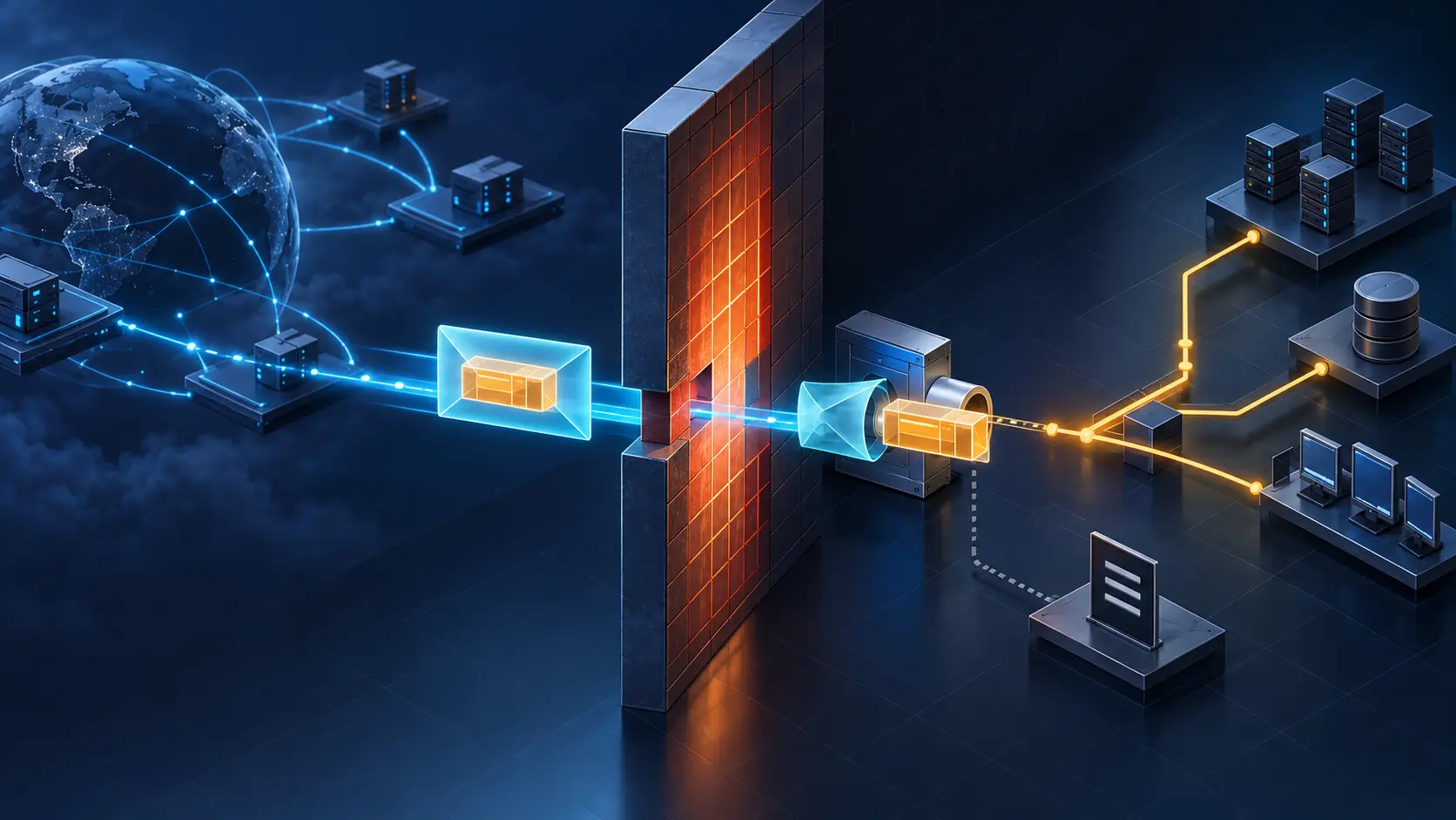 A cyan web envelope crosses a central firewall while an amber packet remains nested inside; an internal appliance opens it and routes the packet toward protected systems.