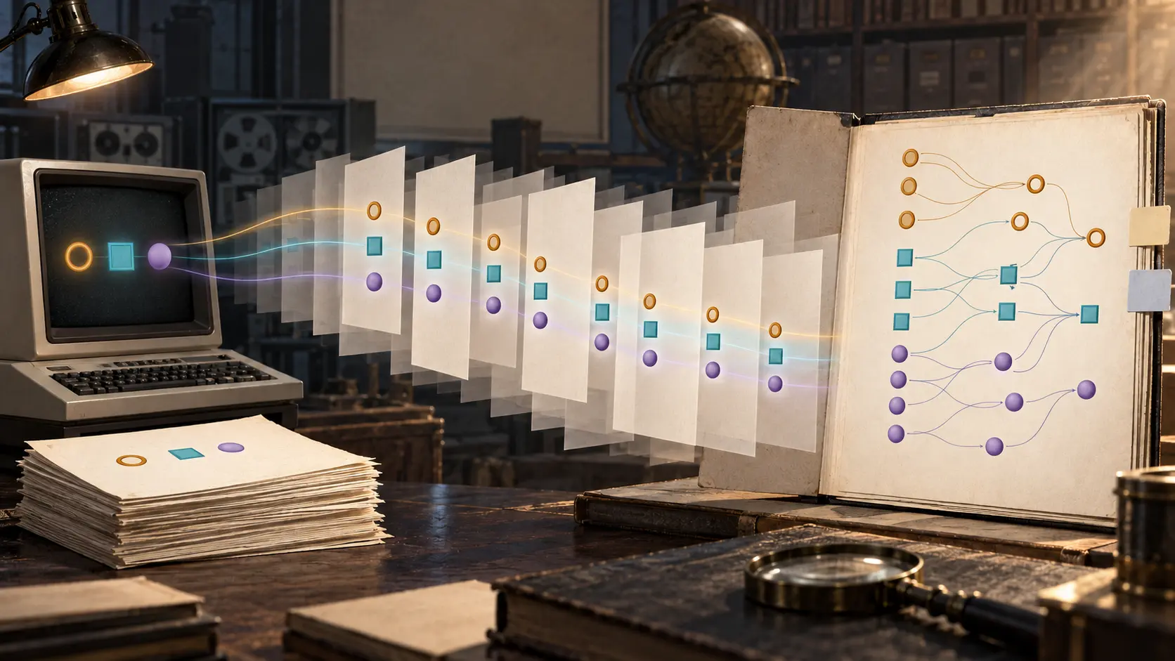Three abstract placeholder tokens repeat from an early terminal through many blank archival sheets before a later folio maps several possible origins and corrections.