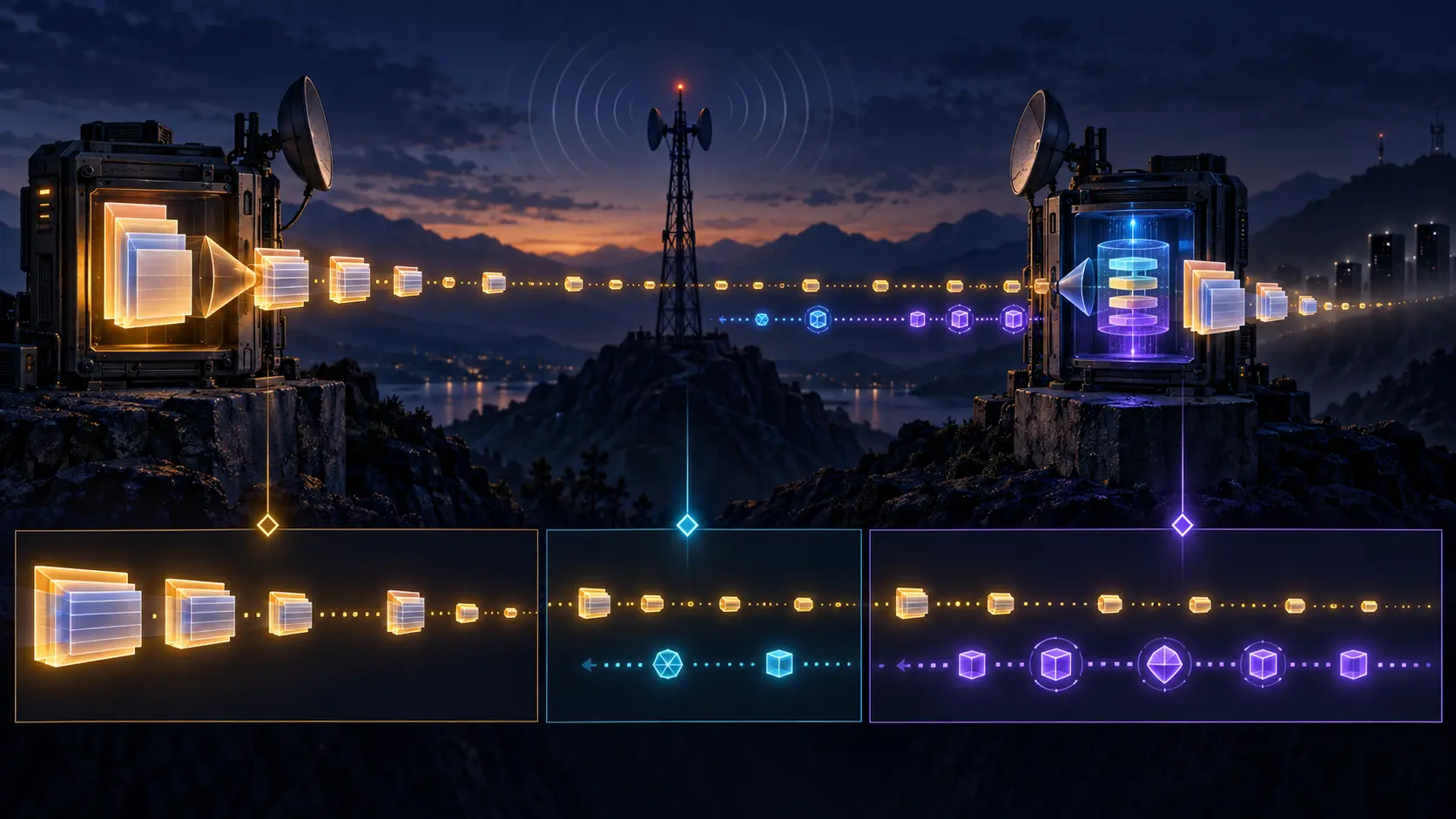 A compressor sends shrinking geometric headers across a radio link while sparse cyan and stronger violet return signals govern the decompressor's context.