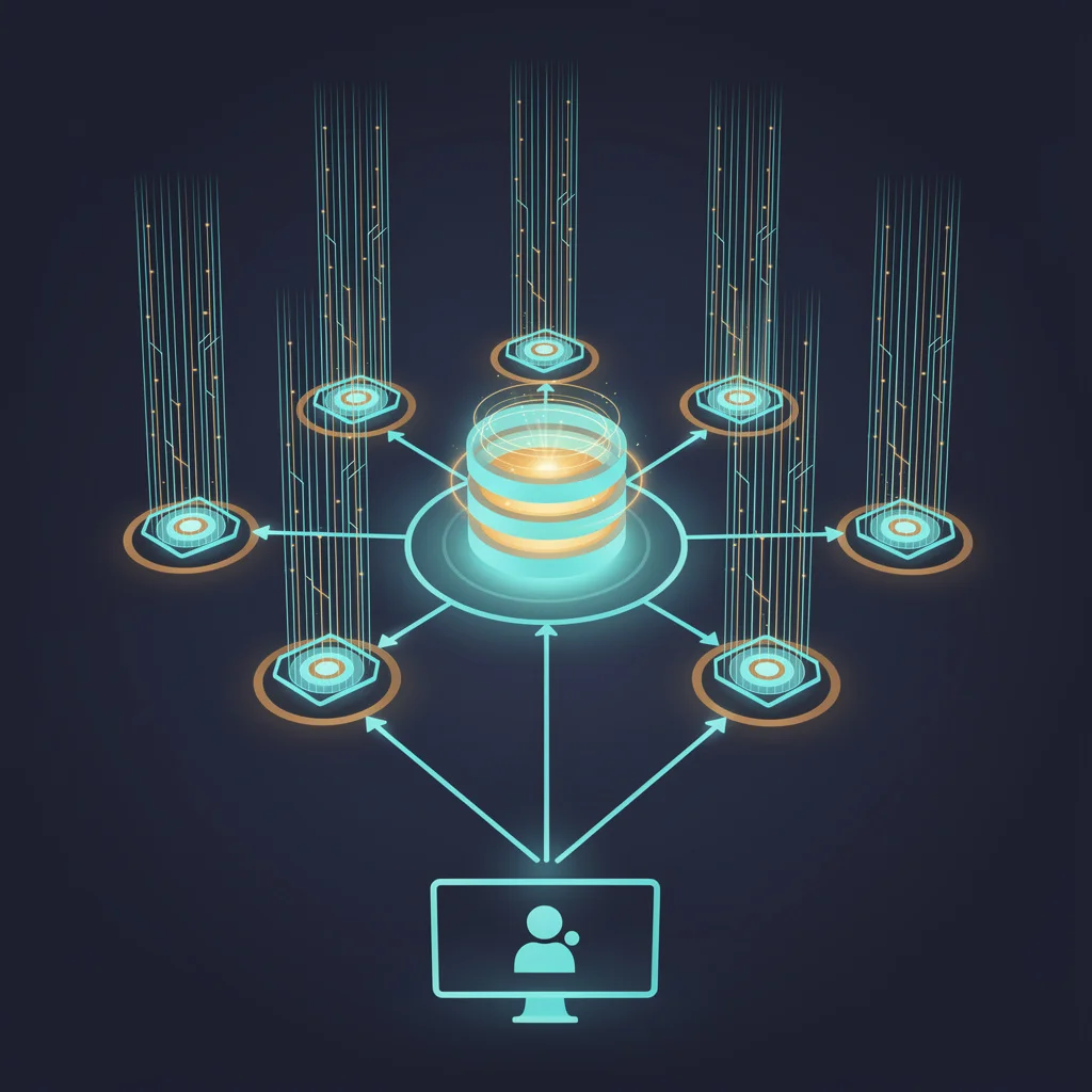 Abstract composition of ISP fiber access-network columns hosting glowing edge nodes, with cyan orchestration lines linking viewer screens to their nearest edge node and converging on a central origin core