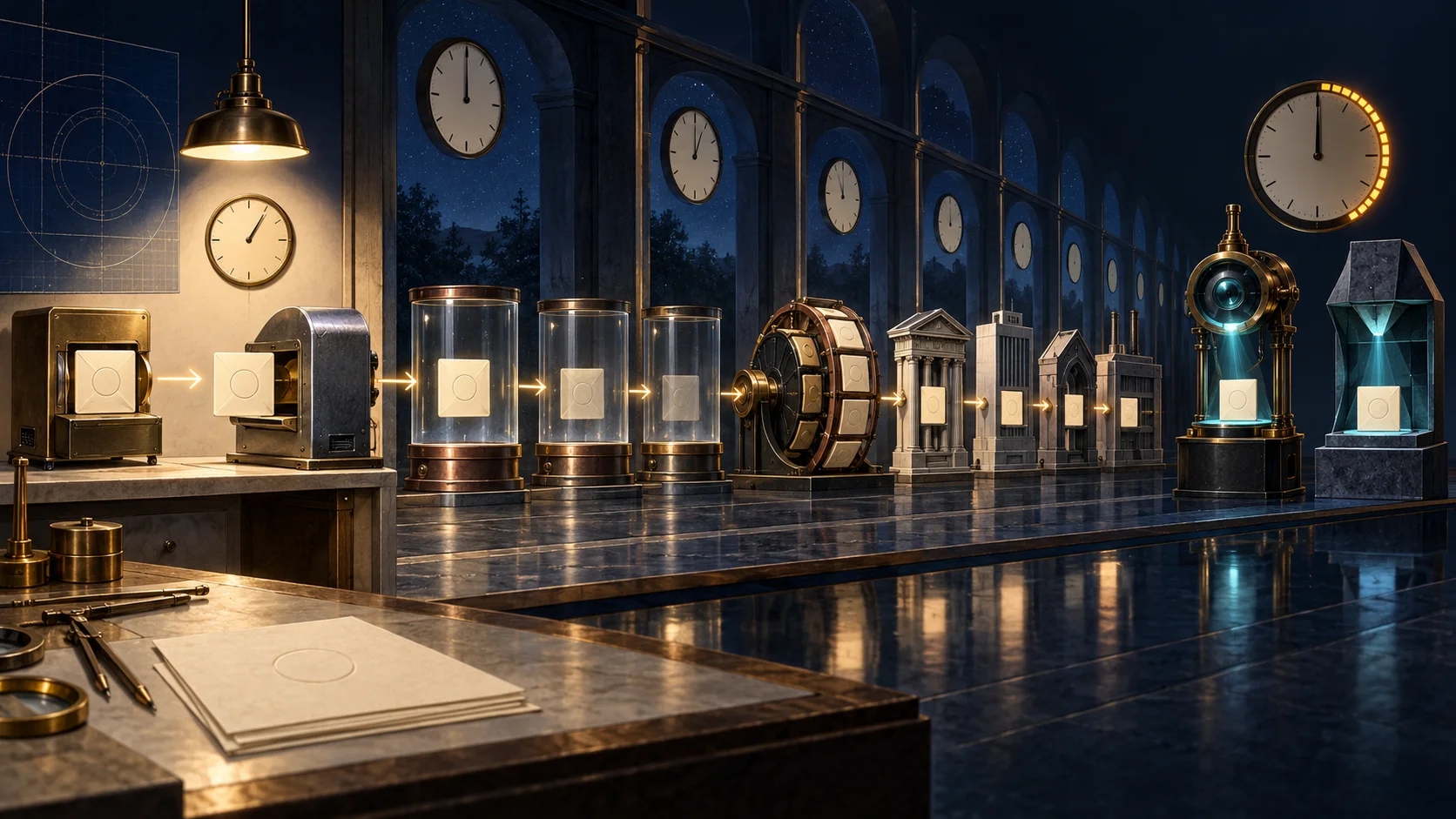 A bright one-day DNSSEC test bench opens into a long corridor of blank clocks, cache cylinders, a rollover wheel, four handoff gates and two different validators.