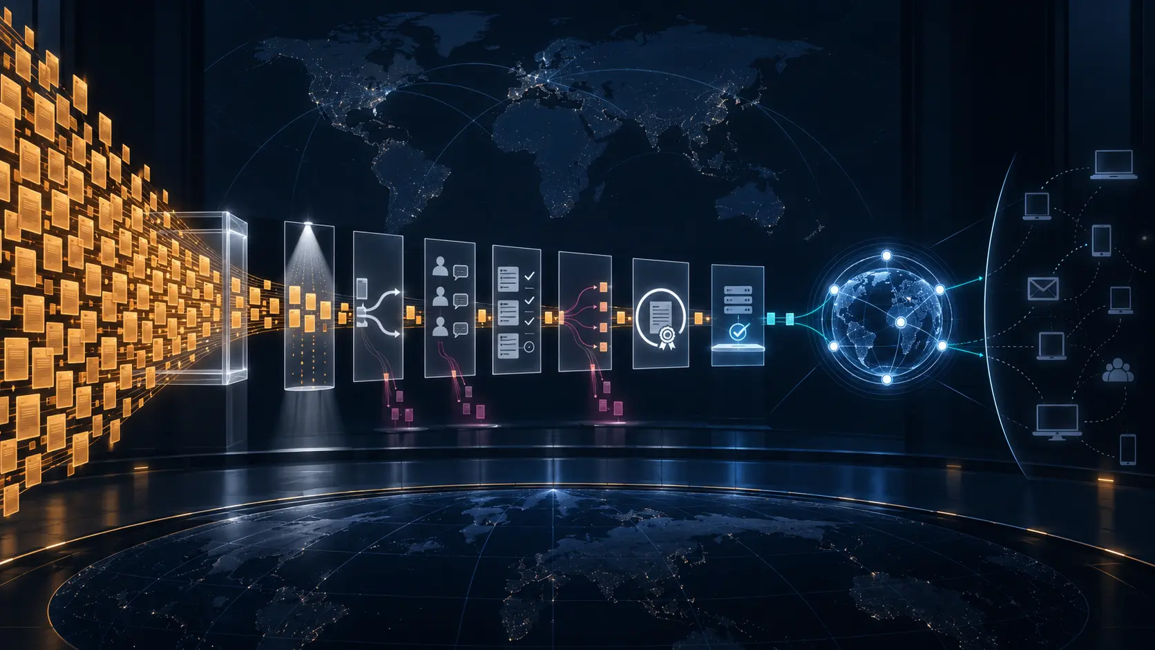 A dense amber field of application dossiers passes through separate disclosure, scrutiny, evaluation, contention, contract and testing gates before a few cyan paths reach a DNS root sphere and still-separated user endpoints.
