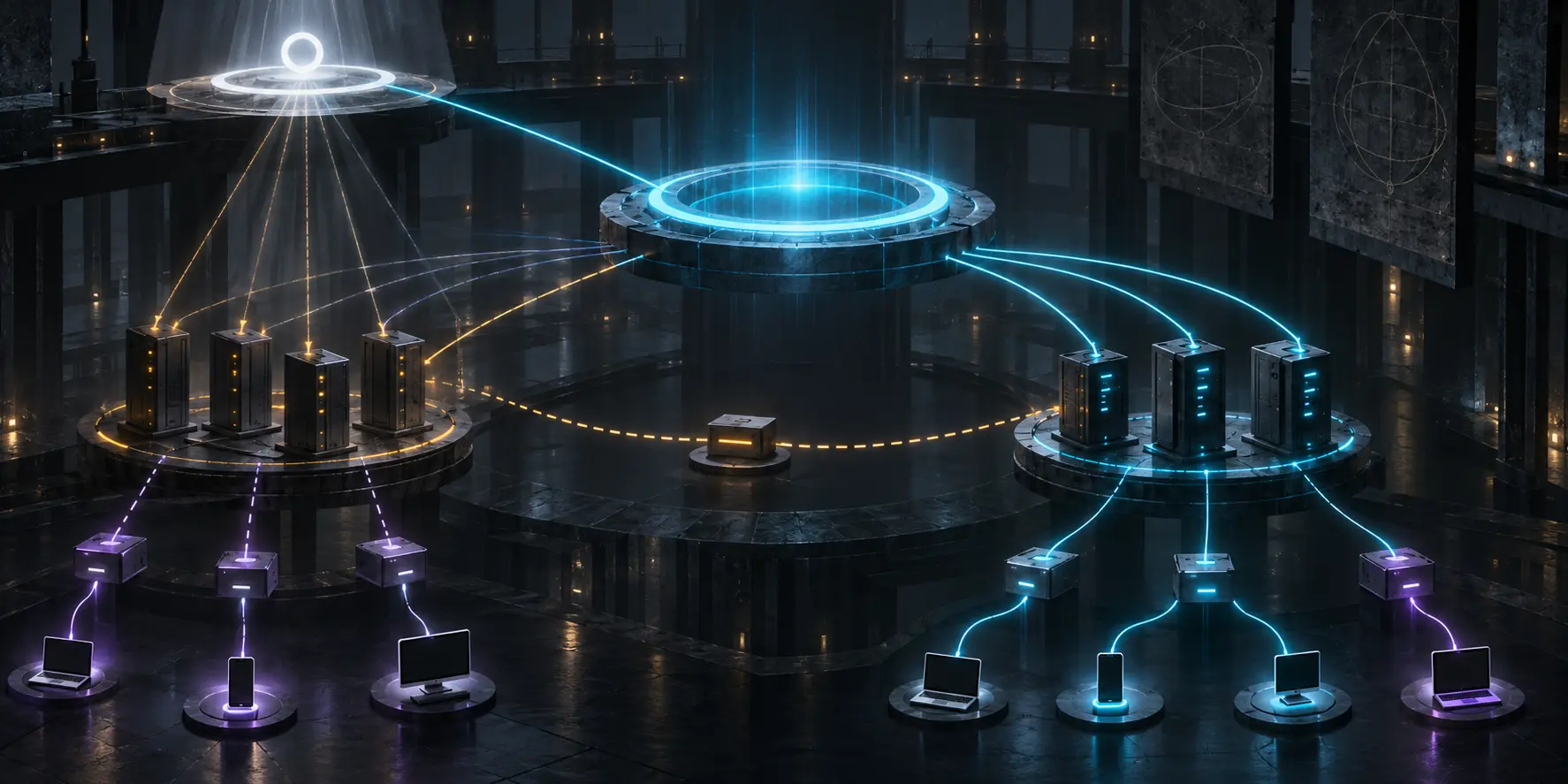 A neutral root plane delegates to a stable cyan infrastructure ring while an amber legacy server cluster overlaps with a separate cyan authority cluster and violet cache paths fade below.