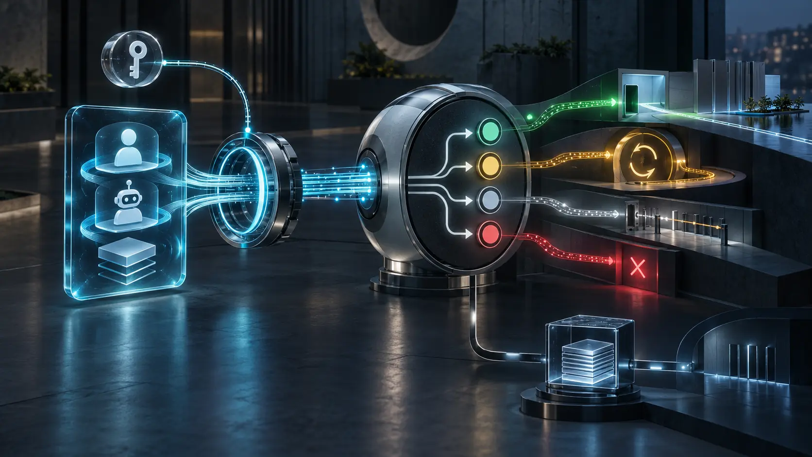 A cyan identity token from a human, agent and platform enters a recipient policy wheel with allow, challenge, limit and deny paths, while key proof and payment settlement remain separate.
