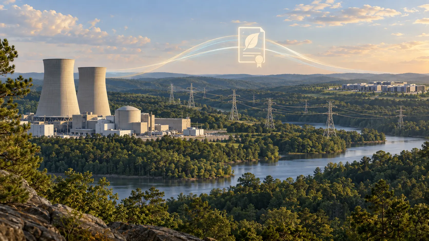 Conceptual editorial view of an existing nuclear station and shared grid serving a distant data-centre campus, with a symbolic zero-emission attribute.
