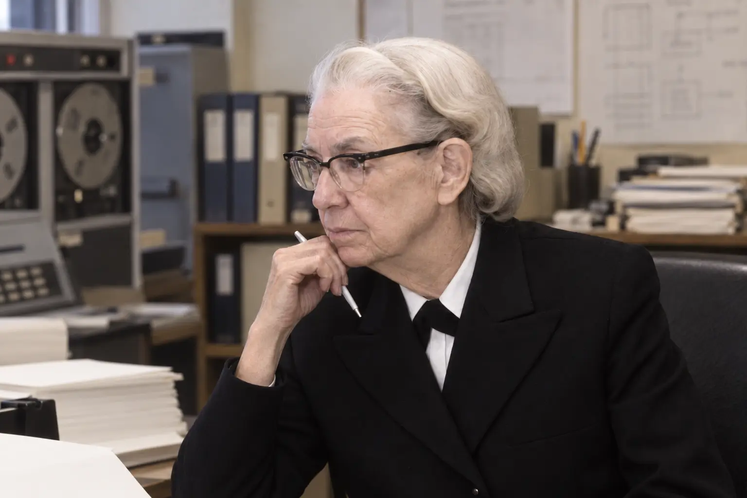 AI editorial portrait of Grace Hopper, shown head and shoulders in a softly focused mid-1970s programming office.