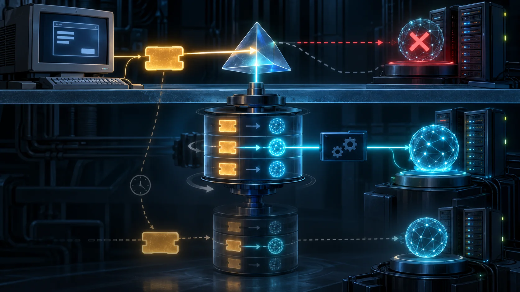 A legacy application receives an amber local token above an API boundary; below it a rotating mapping table links the token to a cyan IPv6 endpoint, while a ghosted reuse points elsewhere and one service branch is unavailable.