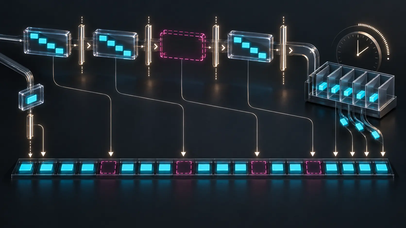 Four cyan interleaved packet capsules cross timing gates; one missing magenta capsule maps to four separated empty cells in the receiver timeline beside a direct single-frame path and buffer bays.