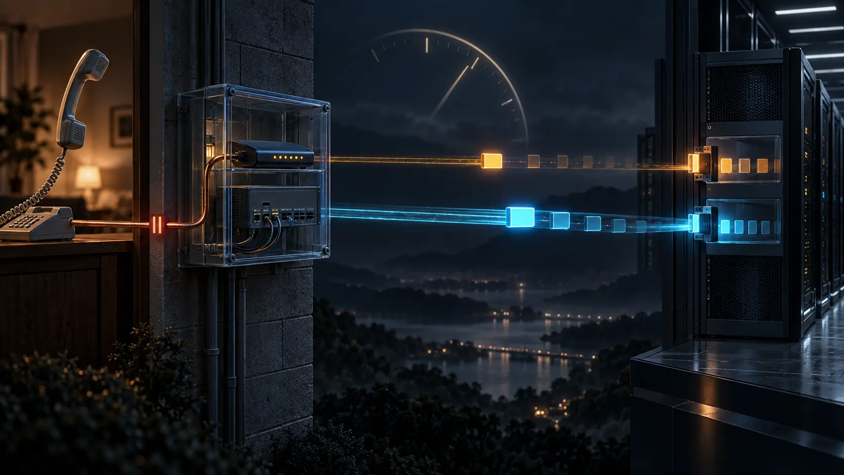 A lifted telephone handset pauses a copper modem line while an amber control signal and a faster cyan returning data packet travel independently toward separate receivers on a remote server.