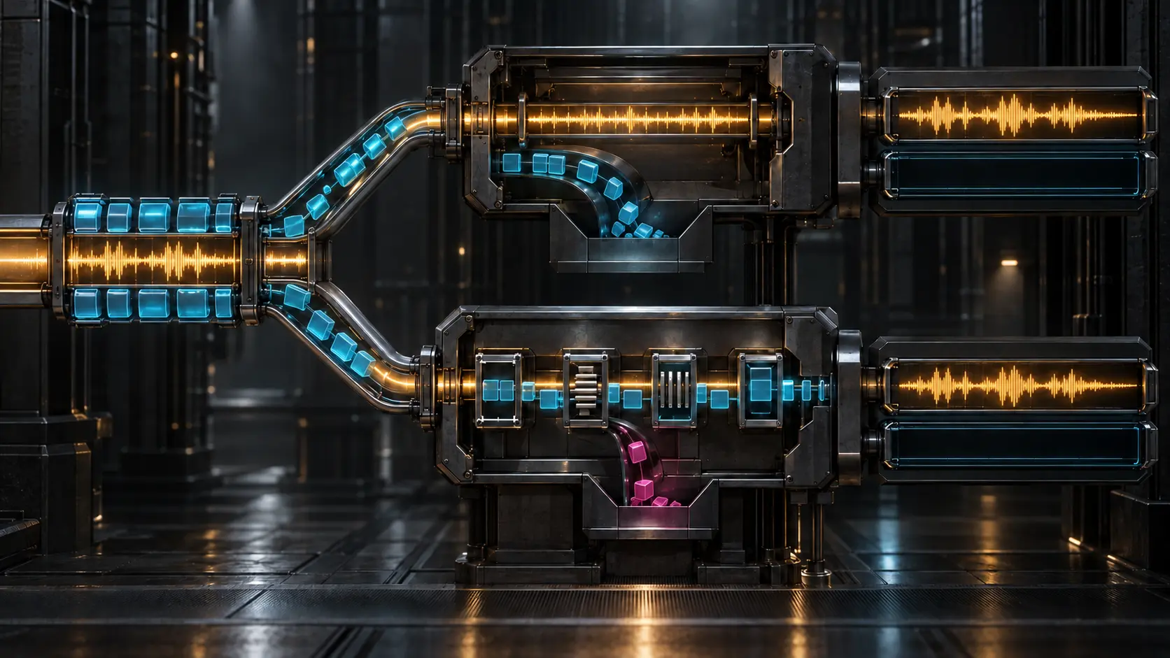 An amber base waveform passes through two decoder chambers while cyan optional extensions are discarded above, conditionally gated below, and a malformed magenta fragment is diverted away.