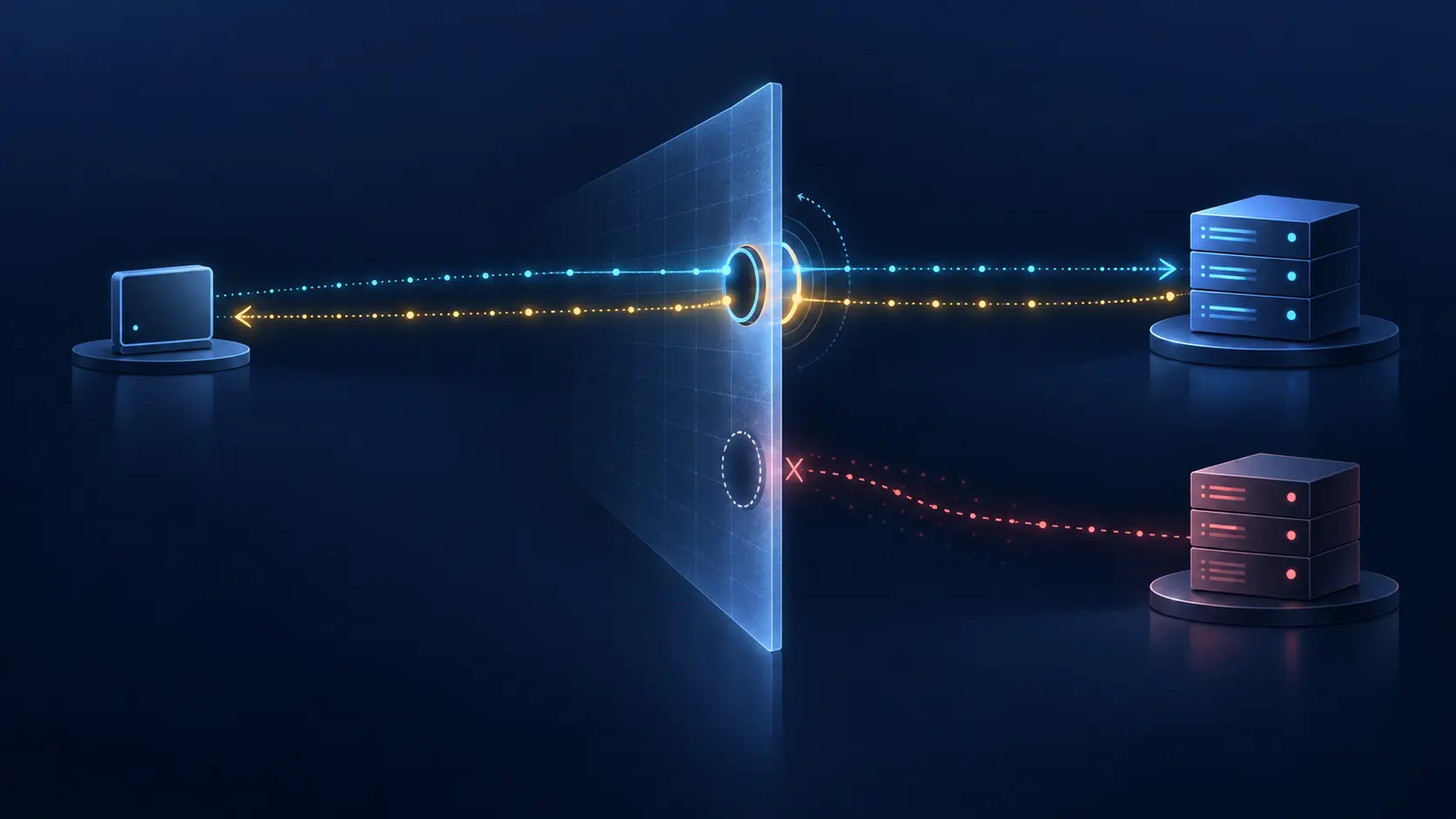 A cyan SIP request and amber response share one temporary opening through a NAT boundary, while a later red request from a second server stops at a closed opening.