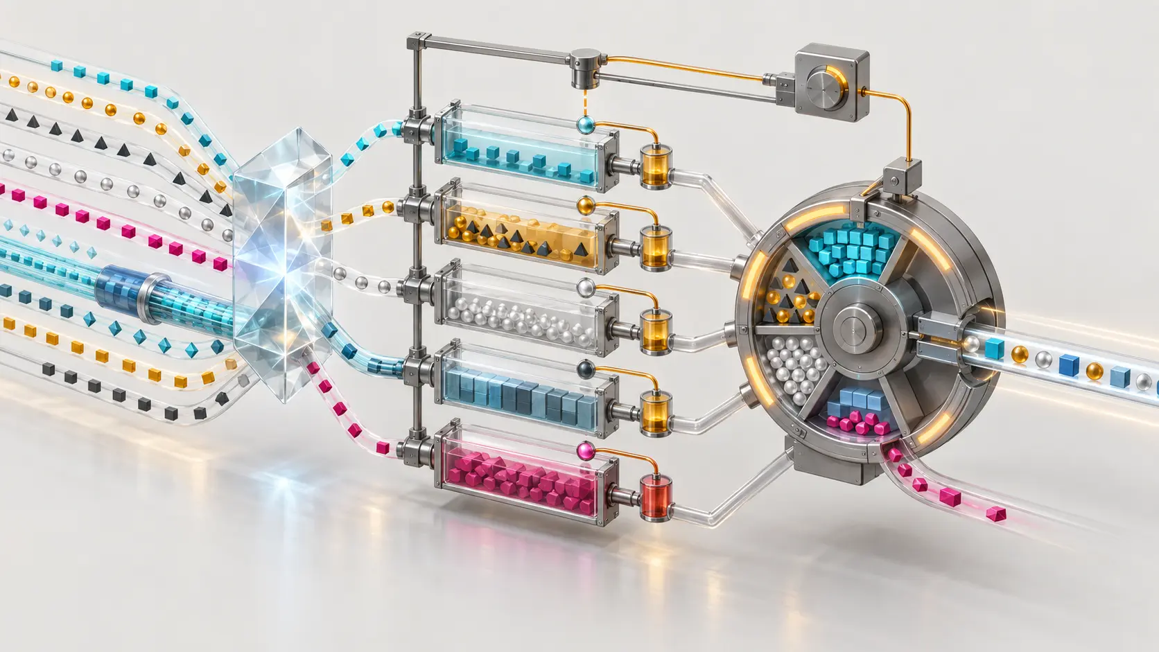 Multiple packet streams pass through a crystalline hash prism into five queue chambers; one chamber contains a visible collision, an opaque tunnel bundles inner flows, and a carousel serves the queues toward one output.