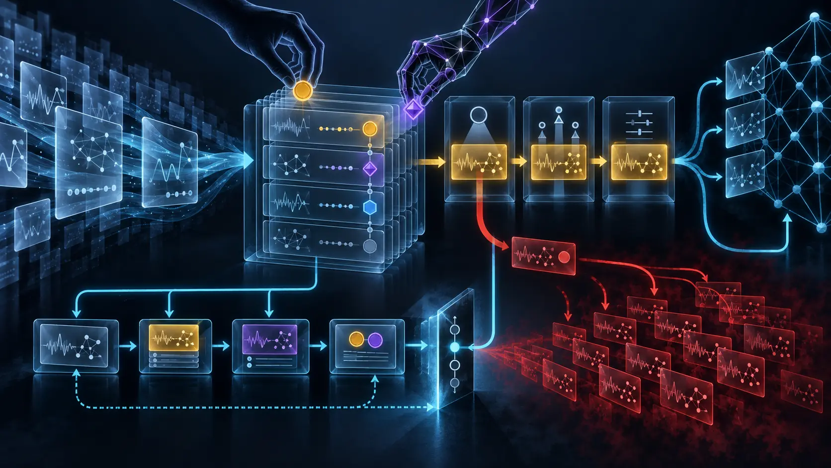 Evidence tiles enter a versioned label store where human and geometric algorithmic hands add separate seals; a cyan receipt path crosses an authority gate while a premature red label multiplies through a feedback loop.